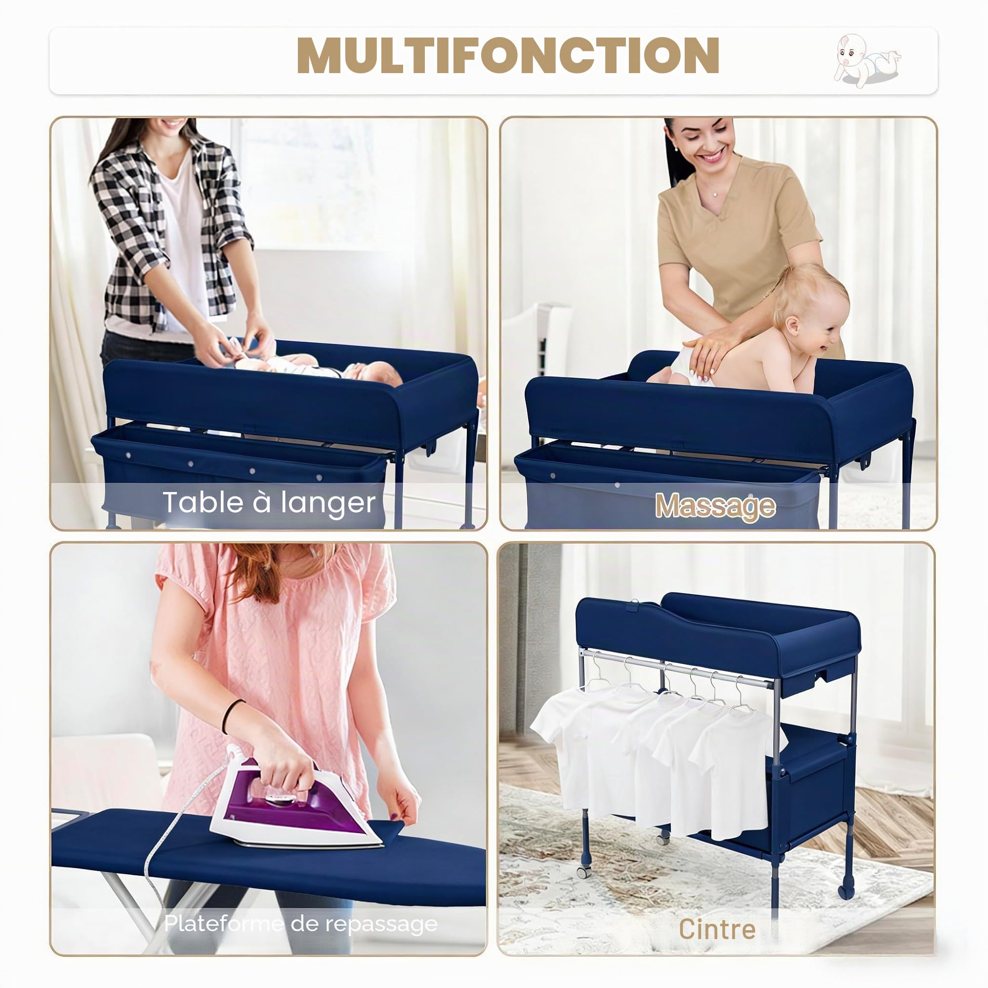 Table à Langer Bébé Pliante, 2 Tiroirs, 4 Hauteurs Réglables, 4 Roulettes Verrouillables, Ceinture De Sécurité, Matelas Imperméable, Mesure De La Hauteur, Bleu
