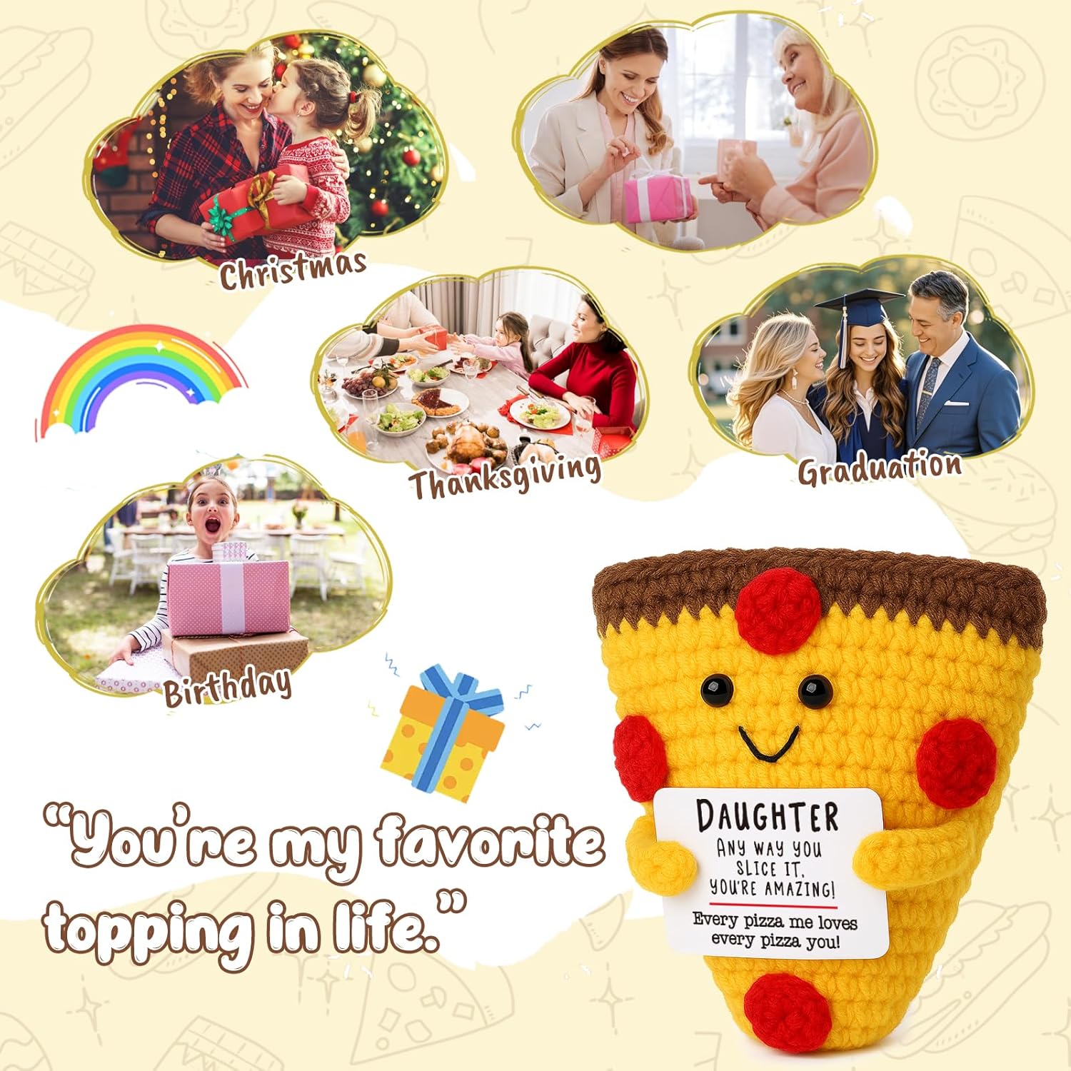 Mini Easter Basket Stuffers for Daughter from Mom Dad Cute Handmade Crochet Pizza for Motivational Encouragement Inspirational Graduation Birthday Gifts for Daughter from Parents Funny Easter Egg
