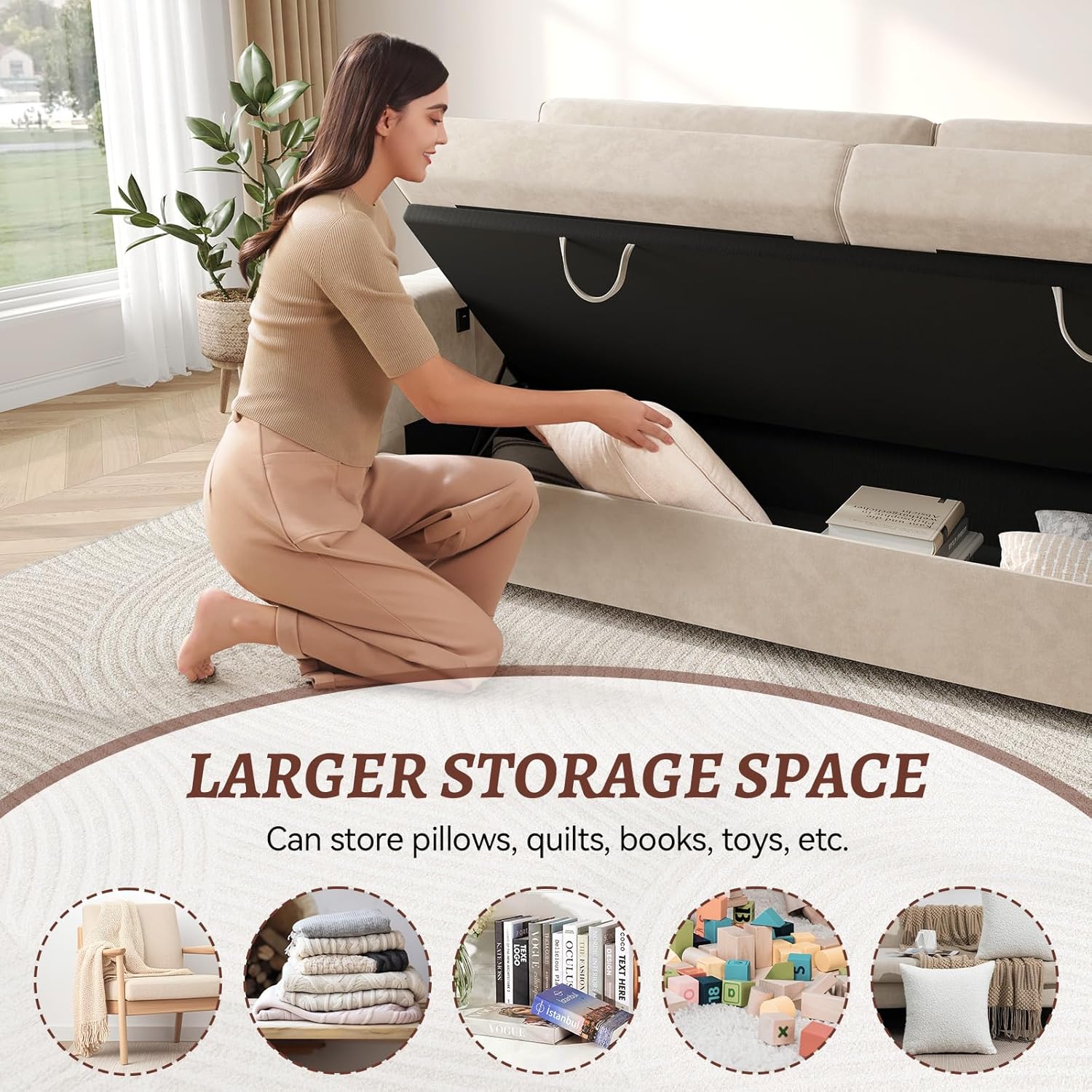 COPIAE Loveseat Sofa, Larger Couch Velvet Fabric with Storage, Charging Ports, Heightened Backrests, Removable Cover Modern Comfy Couches Easy Assembly for Living Room, 88 Inch Beige