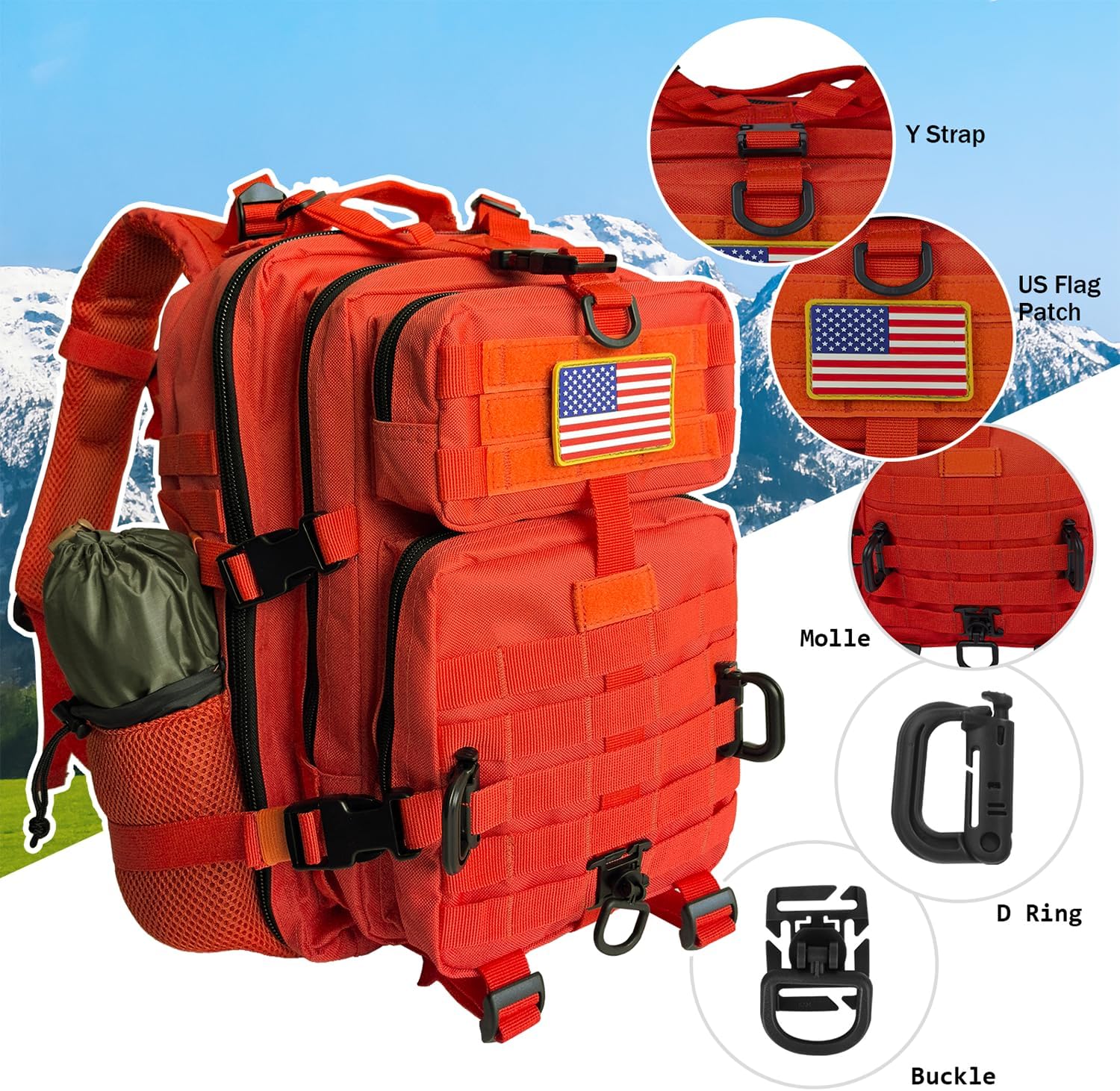 30L MOLLE Assault Pack, Tactical Backpack Military Army Camping Rucksack with Bottle Holder, 3-Day Pack, Orange - Image 4