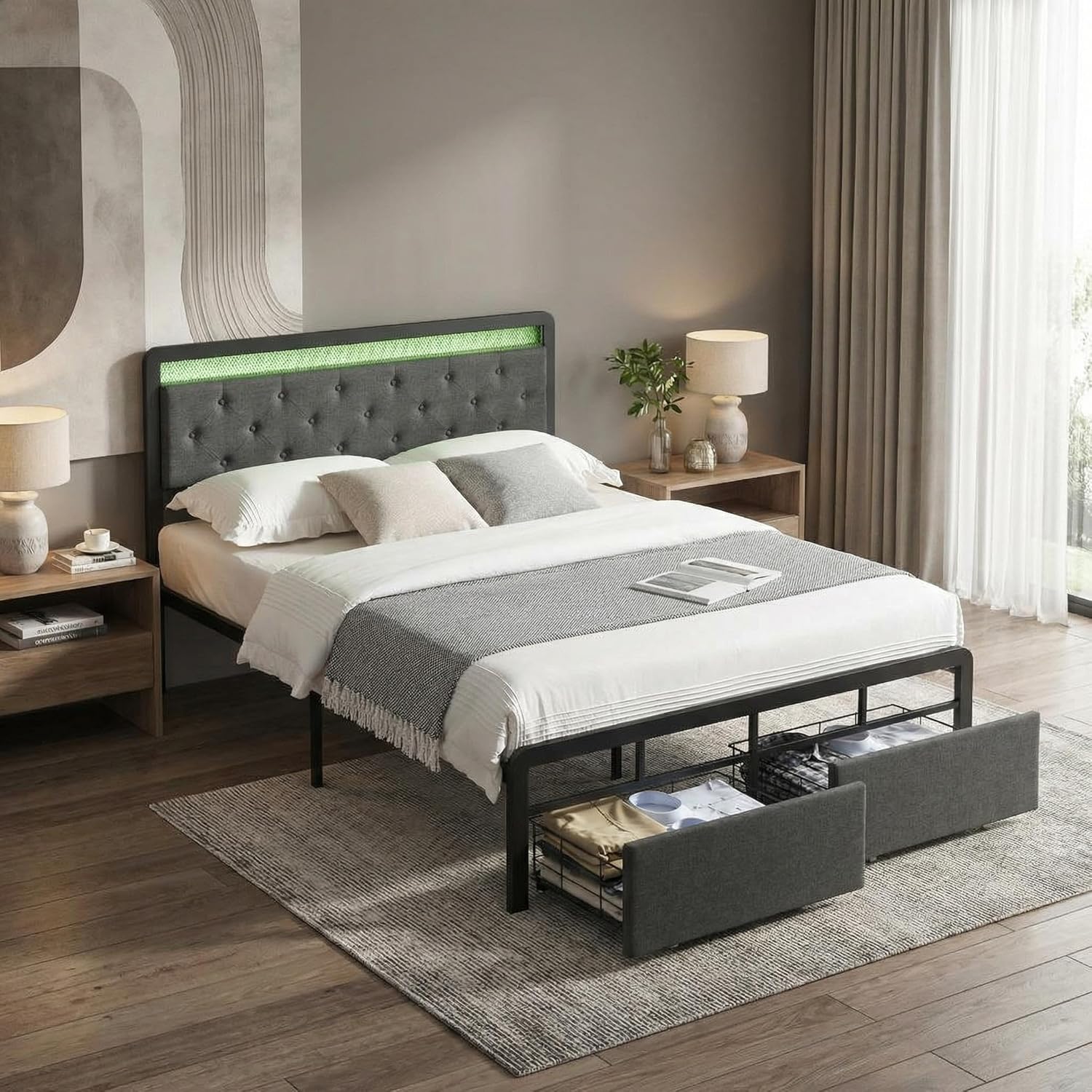 GAOMON Full Bed Frame with 2 Storage Drawers, Button Tufted Headboard and LED Lights, Upholstered Platform Bed with Mattress Foundation Strong Wooden Slats Support, No Box Spring Needed, Dark Grey