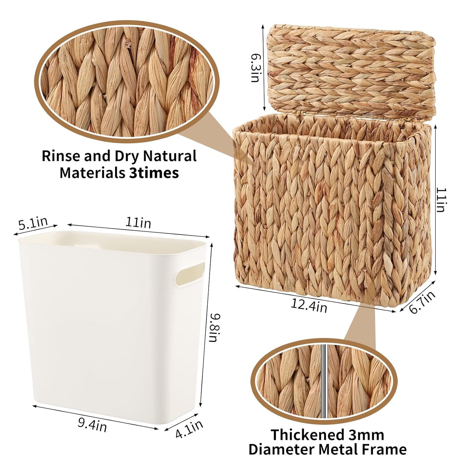 Wicker Trash Can with Lid and Liner, Bathroom Trash Can with Lid, Natural Water Hyacinth Wicker Waste Basket, Boho Rattan Garbage Wastebasket for Bedroom Living Room Office Kitchen