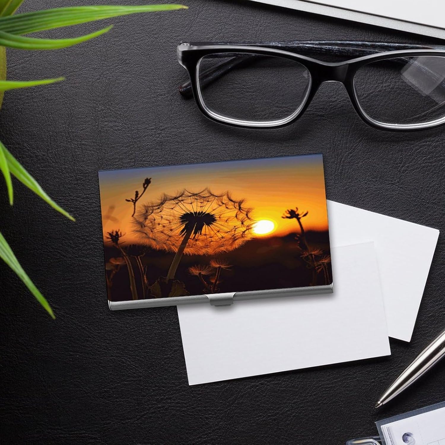Sunset Dandelion Business Card Holder Aluminum Alloy Cards Case Flip Cover Slim Name Card for Men Buckle Style Shut Professional Cards Case for Office Workers