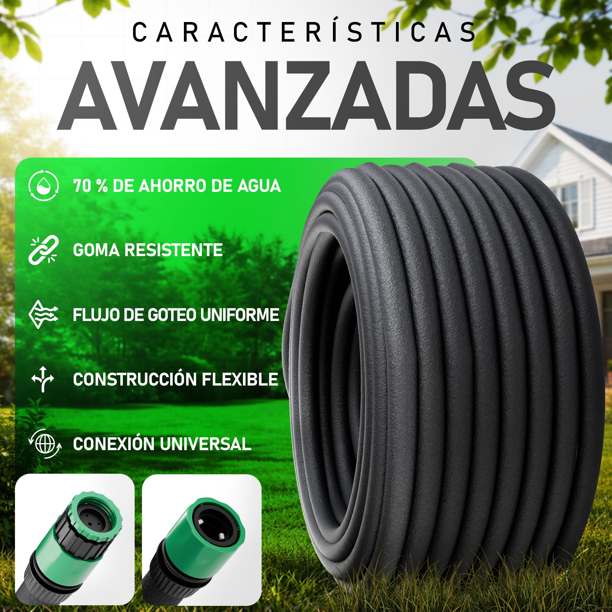 Manguera de riego Exudante Porosa 50 m | Riego por Goteo Uniforme con Ahorro de agua | Ideal para Jardín, Huerto y Setos | Incluye Kit de Conectores