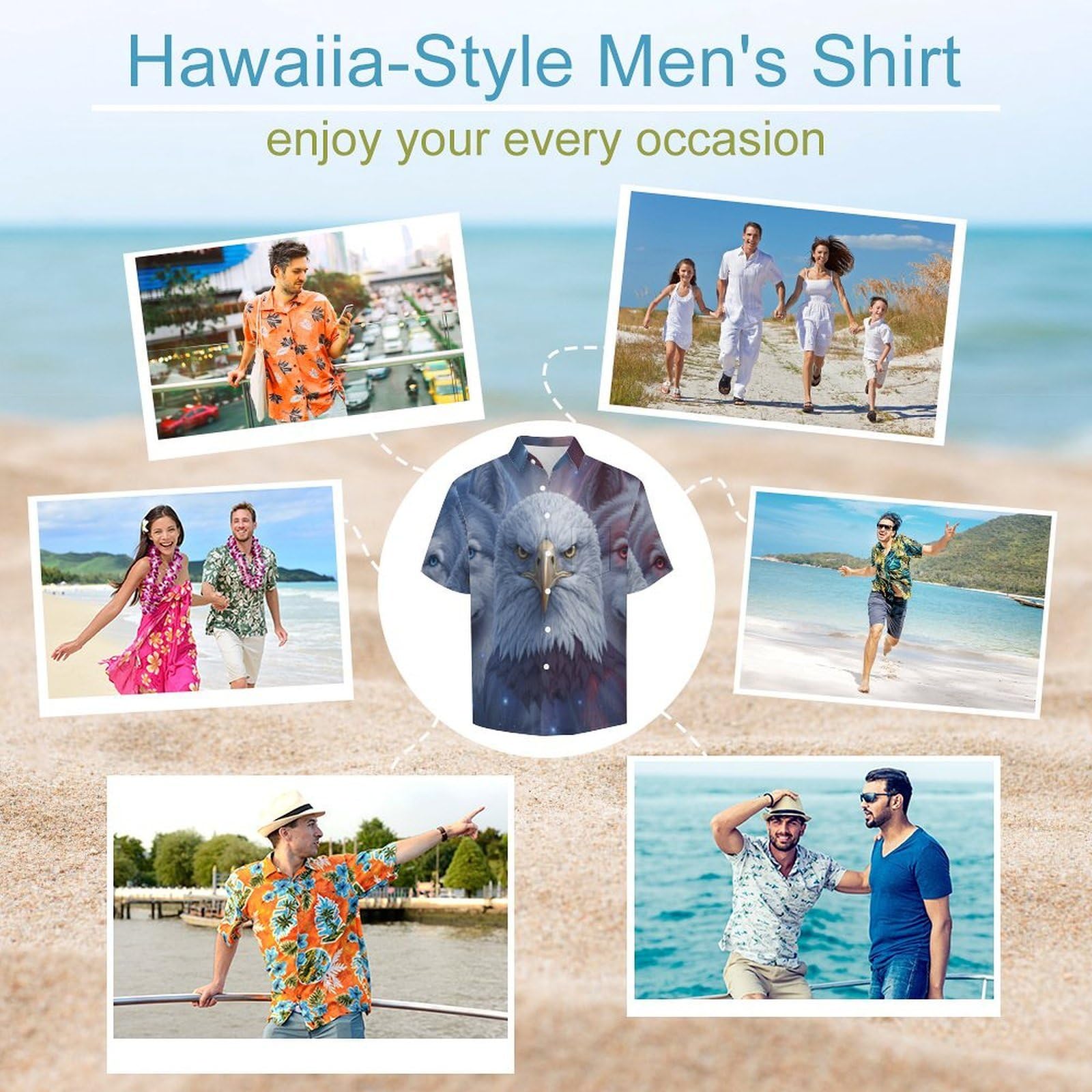 Funky Camicia Hawaiana Uomo, Manica Corta Design Aloha Camicie con Bottoni, Estiva Camicie a Lupi Spaziali Aquile Casual Stampa Spiaggia Estate Fantasy Camicia