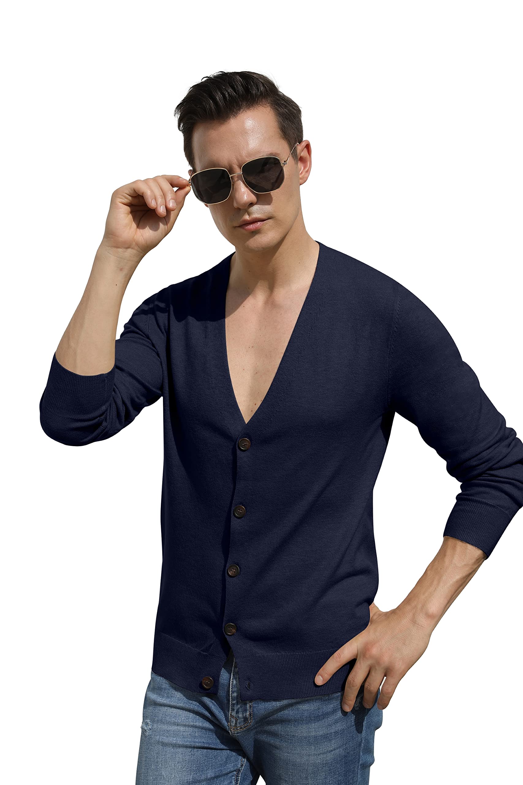 Hisir Men's Knit Cardigans Jumpers Lightweight Classic Soft Wool V Neck Cardigan with Buttons, Long Sleeve Knitwear Pullover Sweaters for Men, Mens Gift