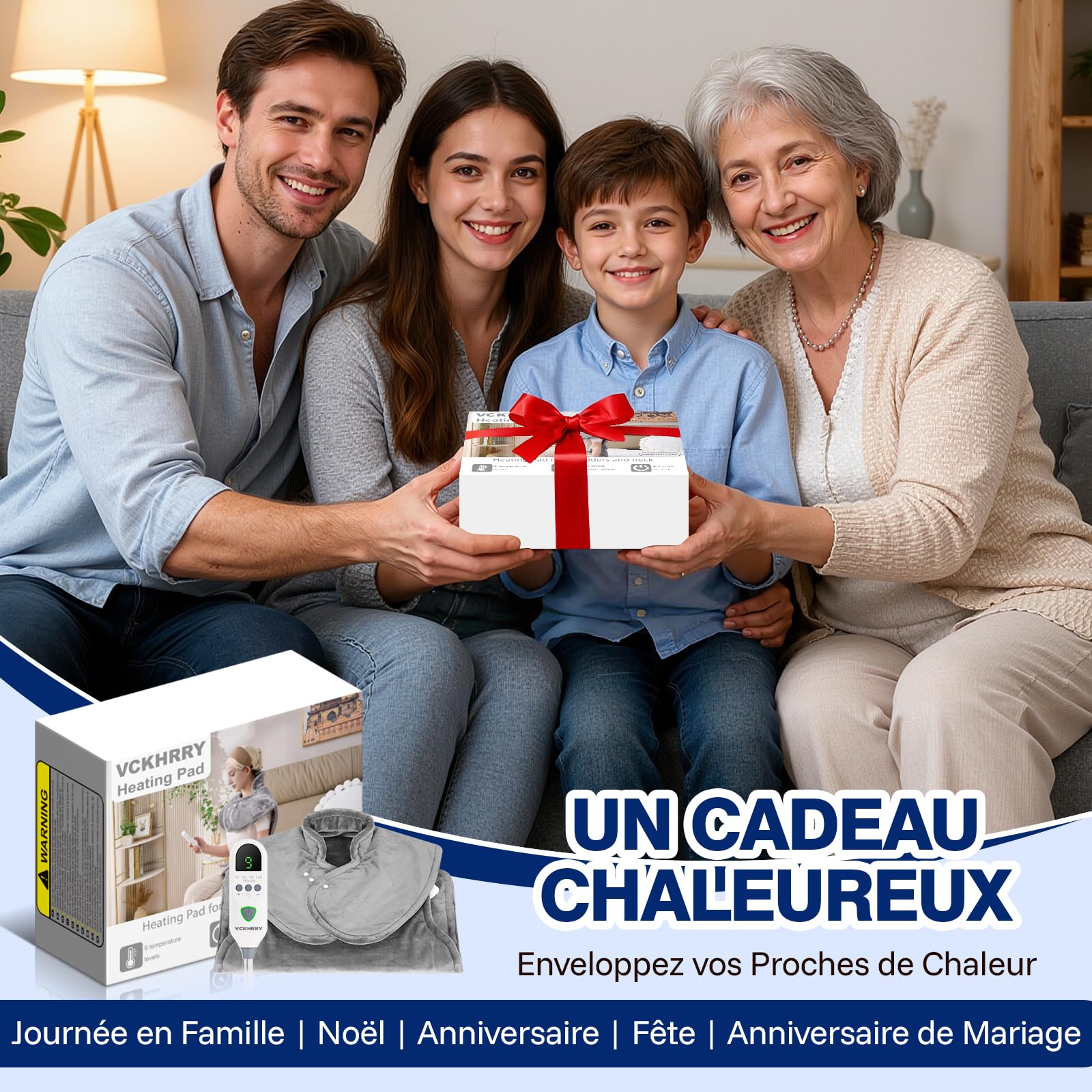 Coussin Chauffant dos Electrique Epaule et Nuque 60×100 cm, 9 Niveaux de Chaleur, 4 RéGlages de Minuterie d'arrêt Automatique, Chauffe-dos, Chauffage Rapide, Flanelle, Lavable en Machine