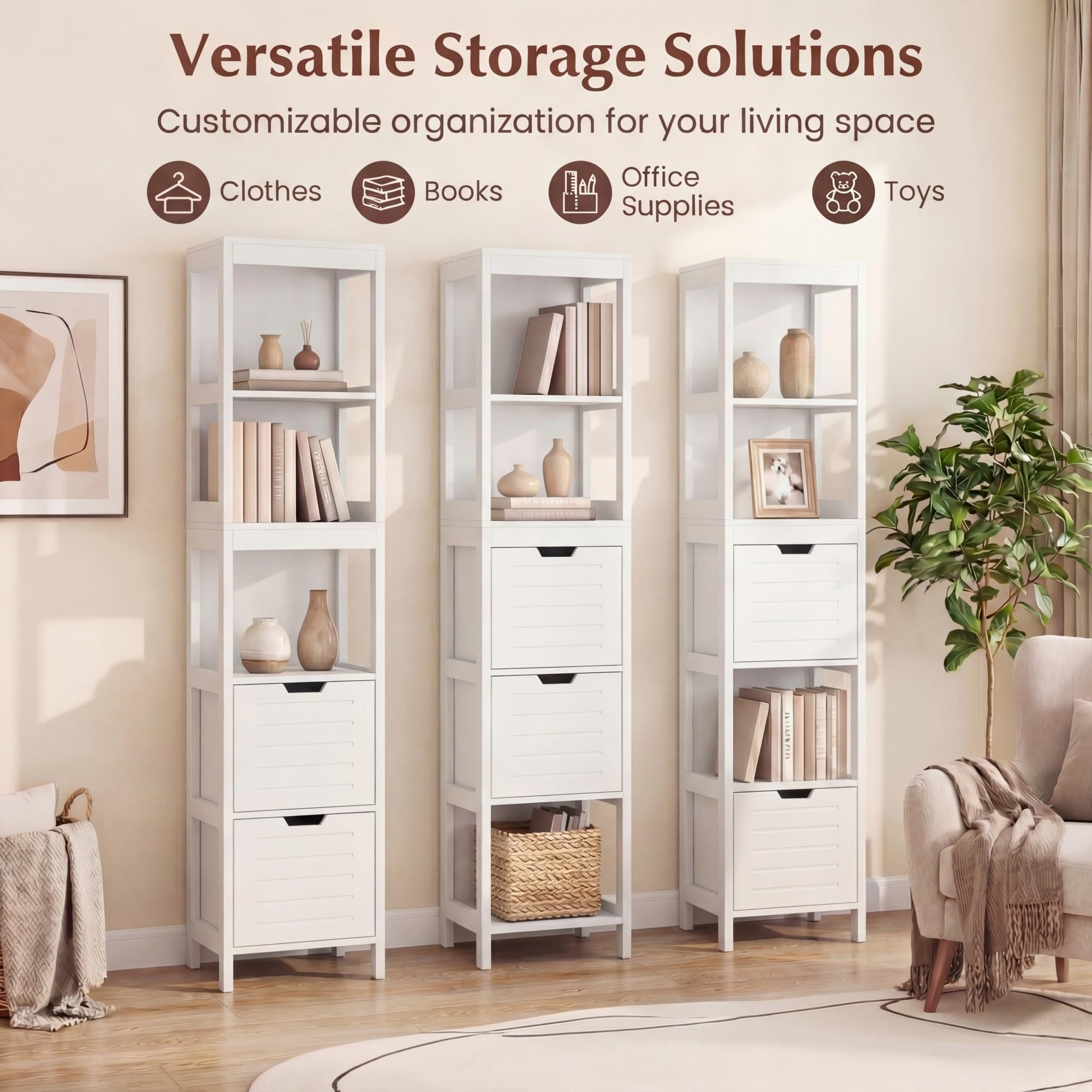 LIFEZEAL Meuble Colonne Salle de Bain avec 2 Portes, 1 Tiroir, 5 Compartiments, Meuble WC avec 5