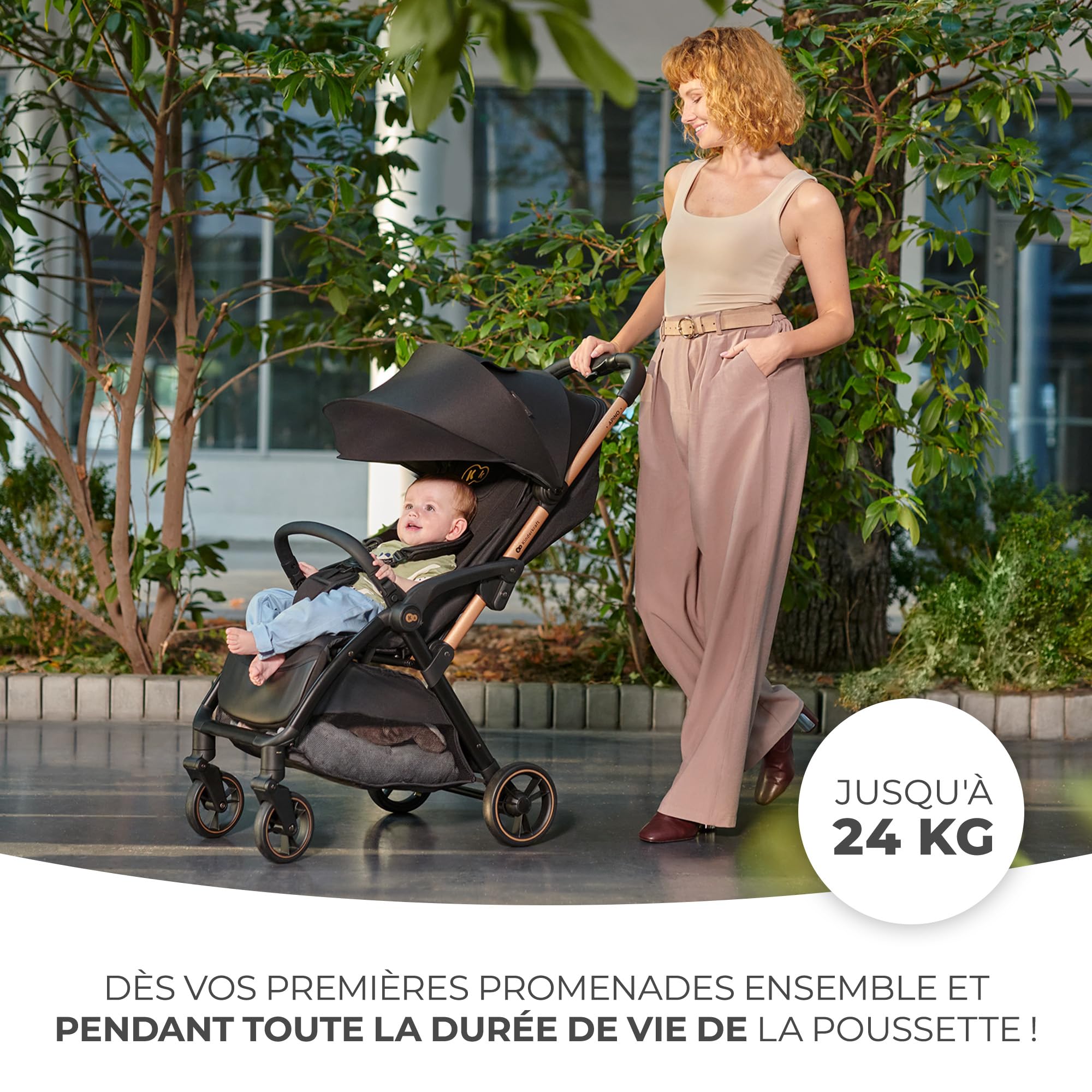 Kinderkraft APINO Poussette Légère, Ne Pèse Que 7,5 kg, Poussette De Voyage, Pliage automatique, AUTO FOLDING, Facile À Pince, Dossier Réglable En Position Allongée, poids maximum jusqu'à 24 kg, Noir