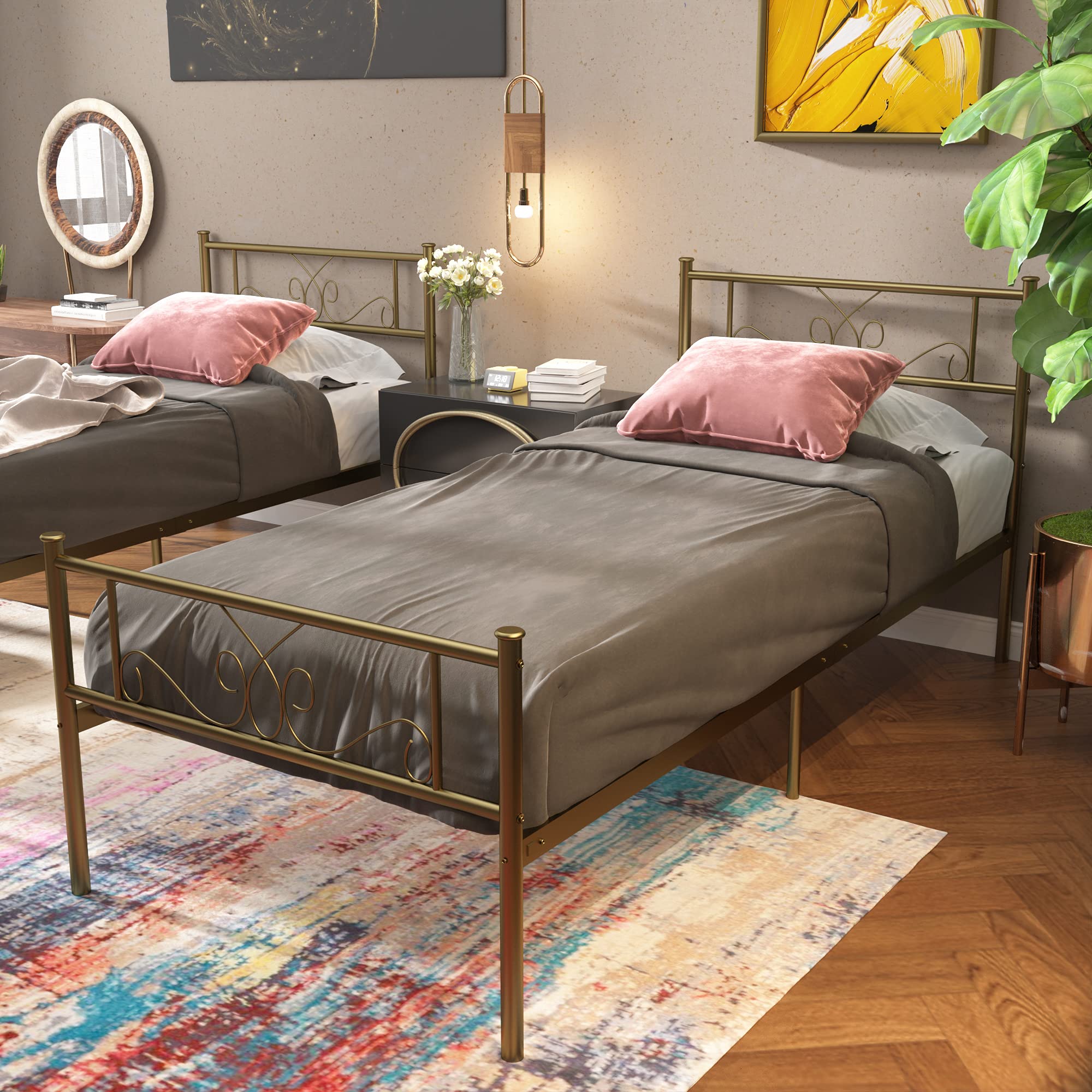 WeeHom Gold Metal Twin Platform Bed Frame with Headboard and Footboard Under Storage 12.7 Inch Beds Mattress Foundation Under-Bed Storage Best for Adults Teens Girls Boys Kids