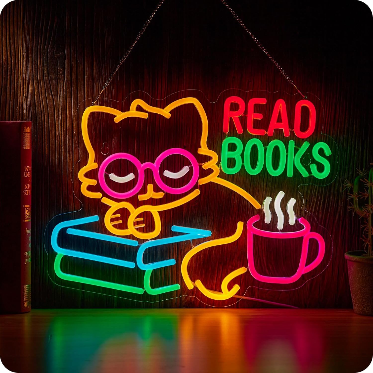 Read Books cat &coffe Neon Sign Book Neon Light Colorful Rainbow Neon Light sign Read More Books Neon Signs Library Classroom Reading Room Bookstore Bookish Decoration Kids Gifts