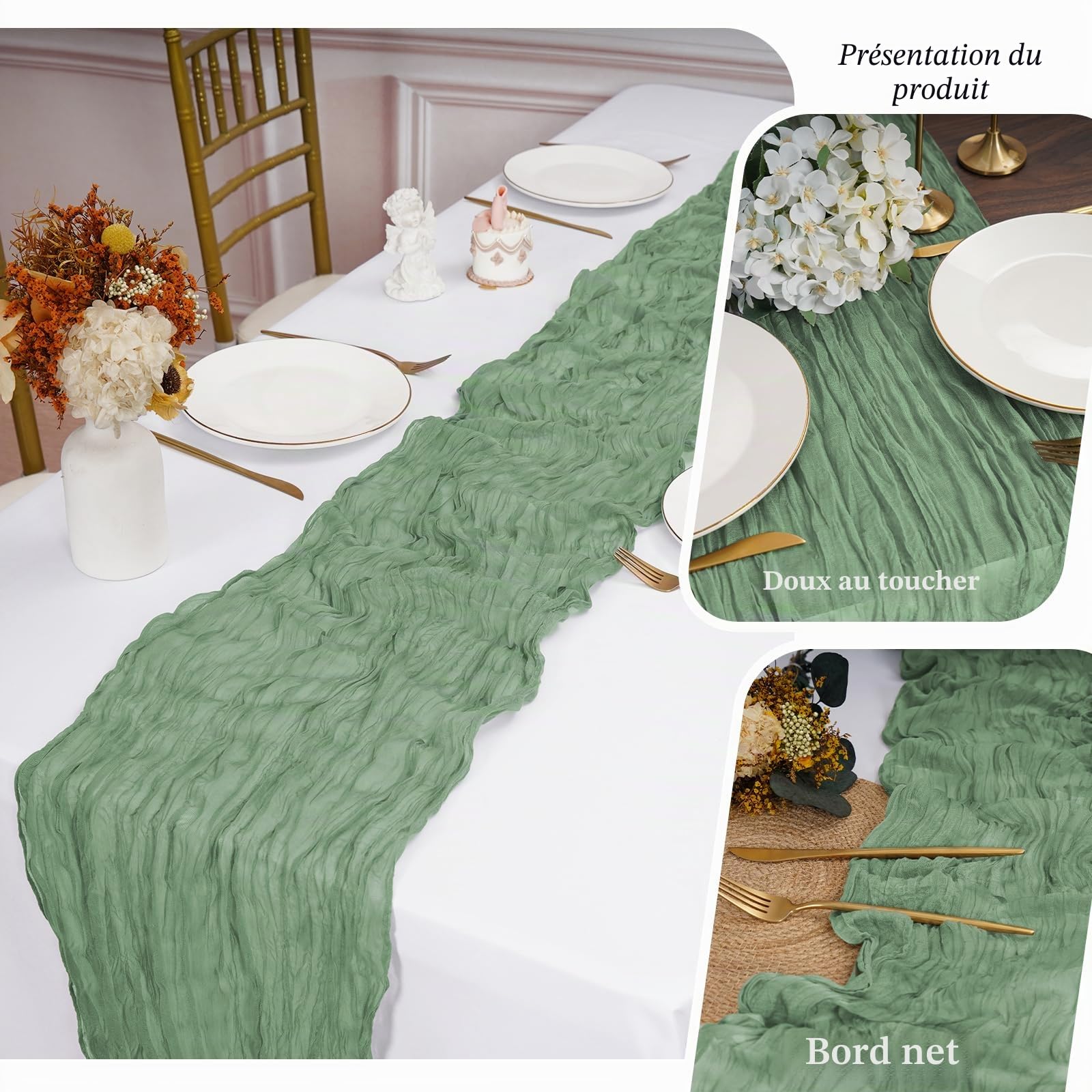 Lot de 10 Chemins de Table en Étamine, Chemin de Table Bohème en Gaze de 55 x 300 cm, Tissu Rustique en Gaze pour Mariages Festivals Remises de Diplôme Dîners Fêtes en Plein Air (Vert Sauge)