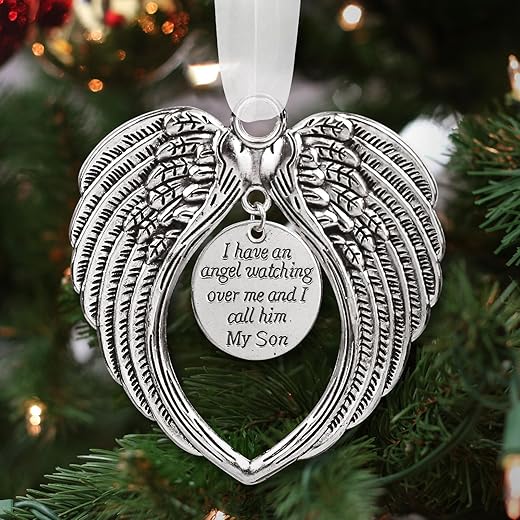 Christmas Ornaments Angel Wings I Have a Angel Watching Over Me I Call Him Son for Loss of Loved One Heaven Angel Ornaments Remembrance Keepsake with Silk Ribbon & Red Gift Box