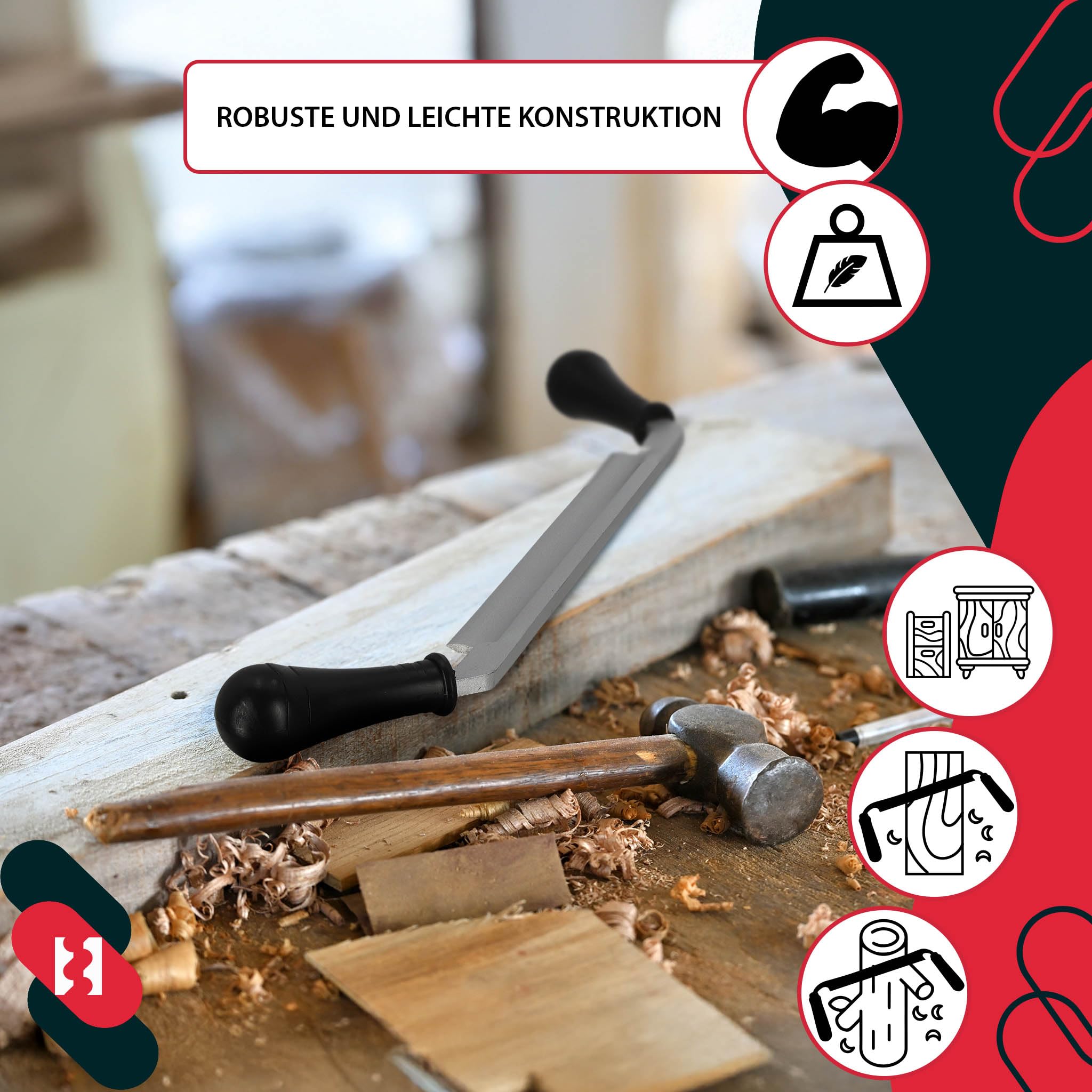 KOTARBAU® Cuchillo de Tracción - Cuchillo de Tracción Recto - Acero - 530 mm - Negro - Desbastadora Manual - Herramienta para Madera - con Mango de Madera Ergonómico