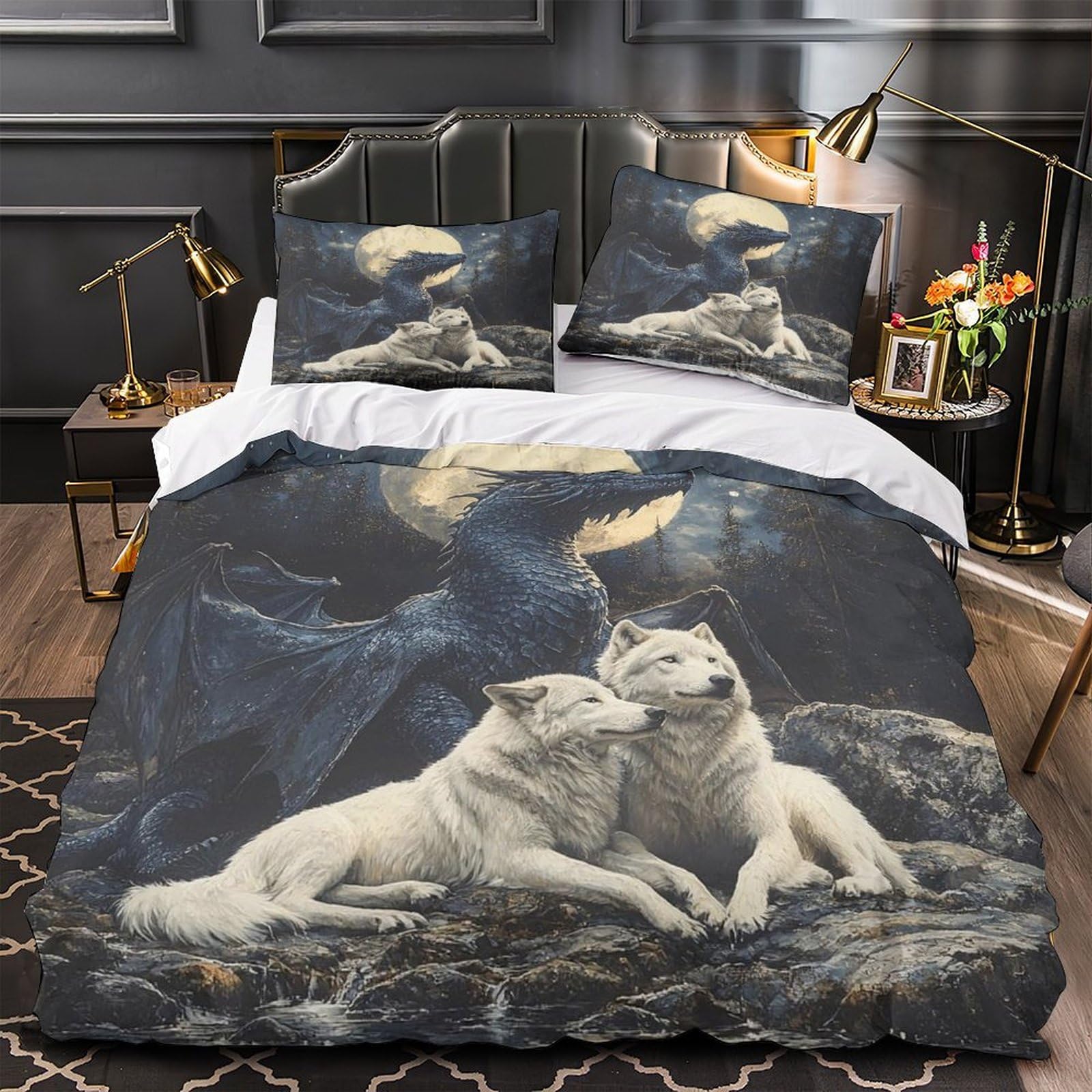 Housse de couette dragon 140x200cm en microfibre douce avec loup mythique