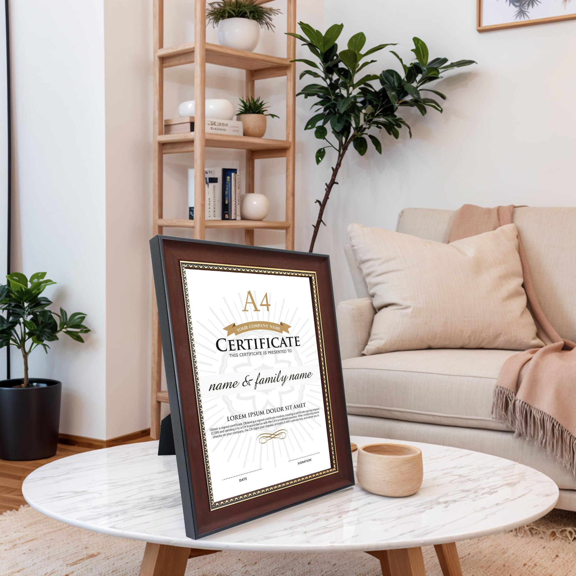 GraduationMall A4 Certificate Frame Picture Frame Real Glass Gold Accents Diploma Holder Photo Frames for Wall Tabletop Display Brown - Image 3