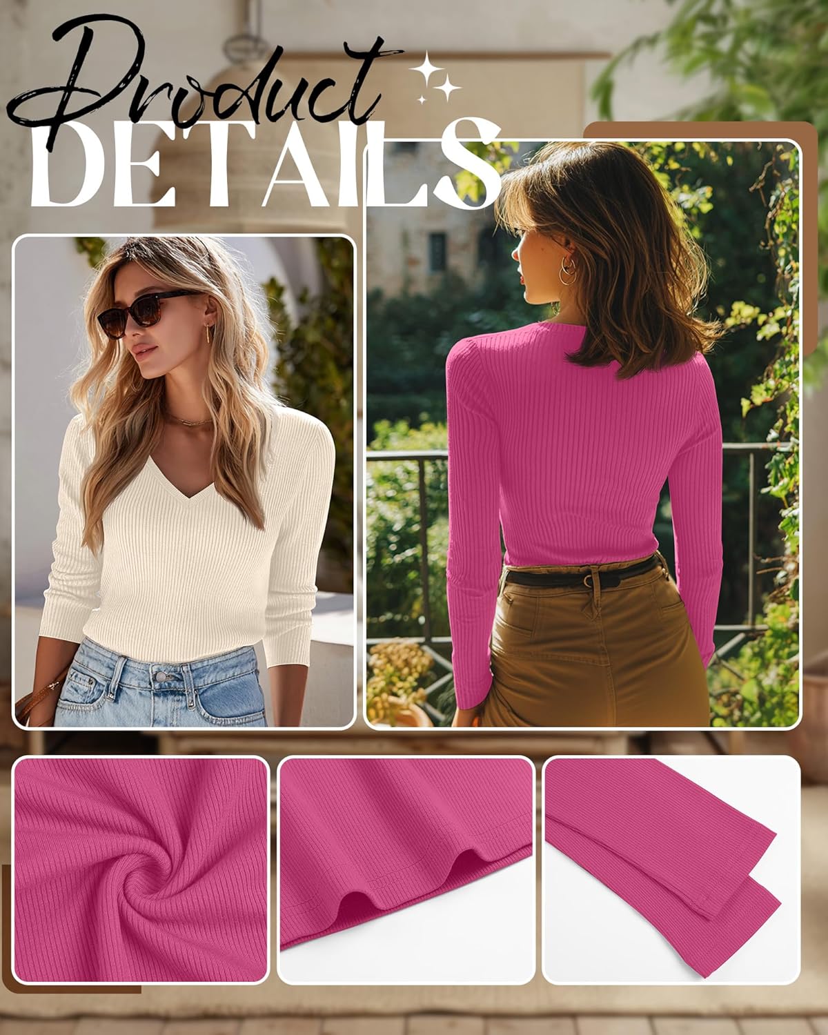 Riyiper 3 Pack Women Long Sleeve Shirts, 95% Cotton V Neck Ribbed Knit Tops Slim Fit Casual Going Out Tee Shirts - Image 4