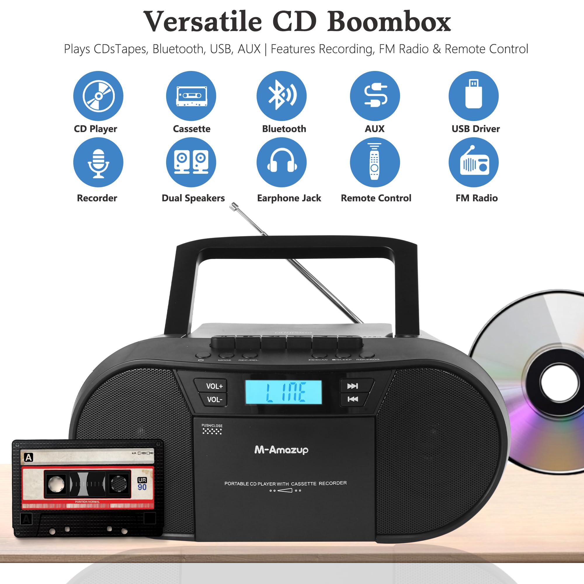 Portable CD Cassette Boombox Player Combo with Bluetooth - Dettaglio