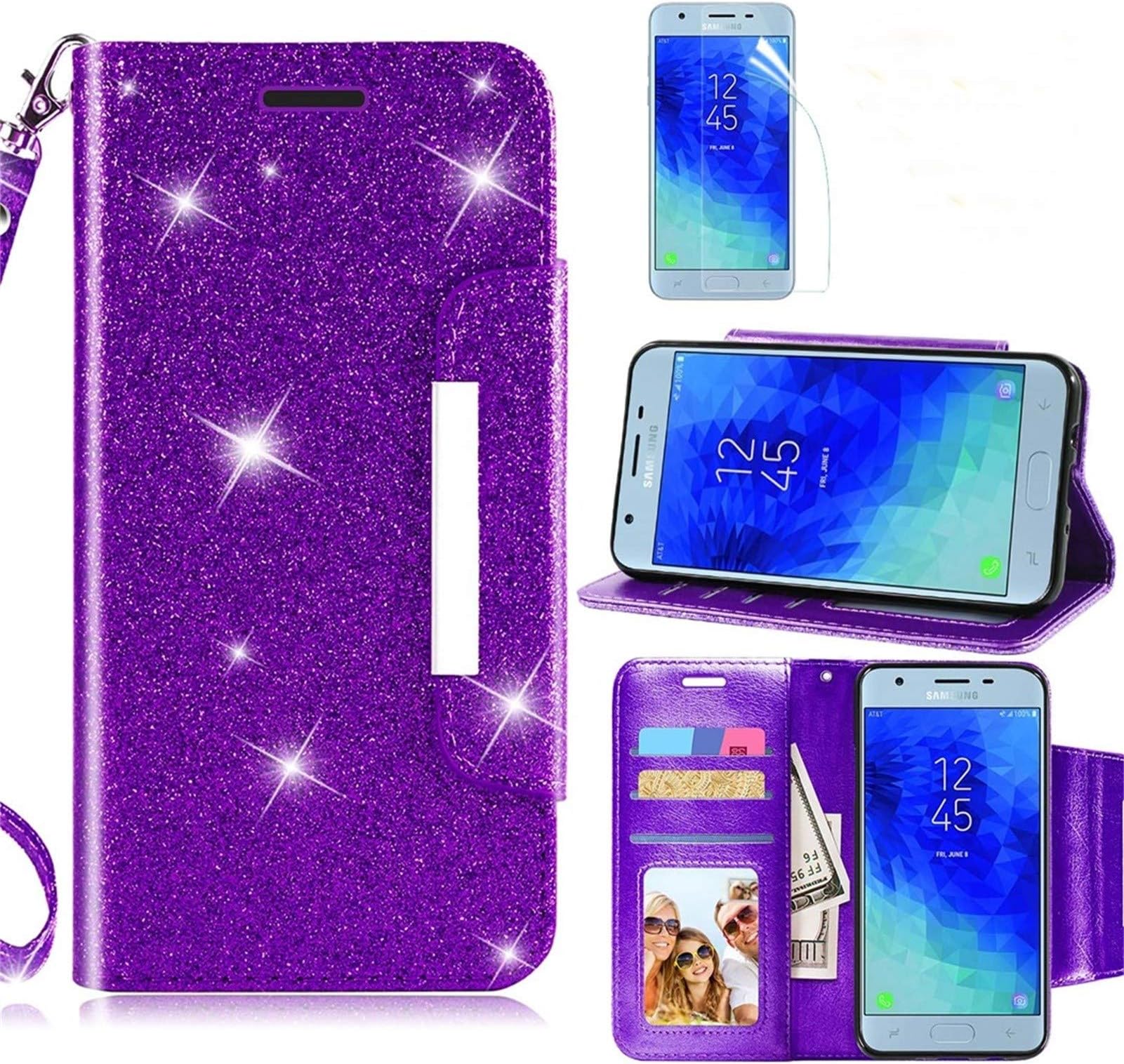 Samsung Galaxy J3 2018 Case,J3 Aura/J3 Star/J3V J3 V 3rd Gen/J3 Orbit/J3 TOP/J3 Express Prime 3/Amp Prime 3/Sol 3 Wallet Case w Screen Protector,Kickstand Leather Case for Galaxy J3 Achieve,Purple