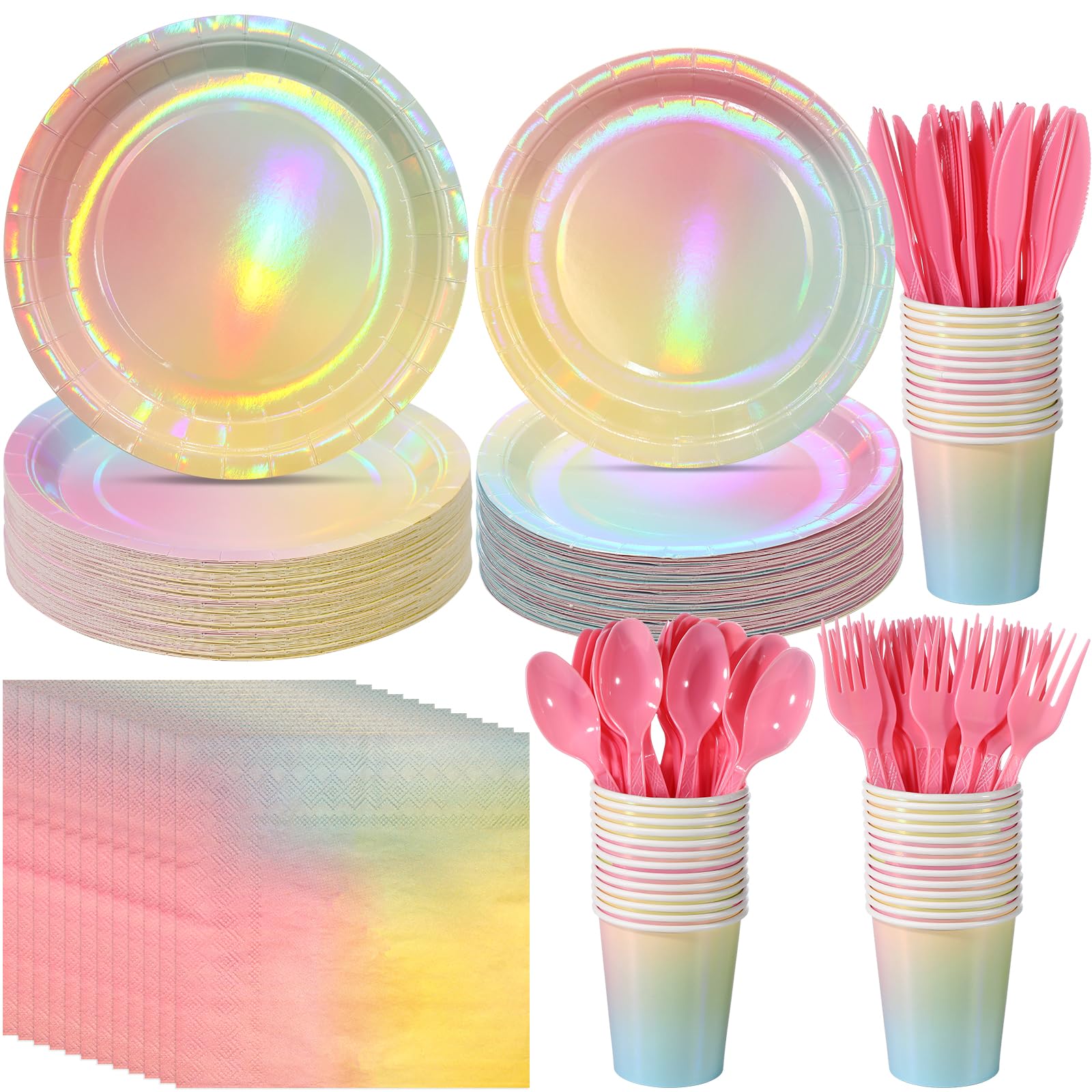 Iridescent Pastel Rainbow Party Decorations - Serve 50, Holographic Pastel Paper Plates and Napkins, Disposable Iridescent Rainbow Plates, Cups,