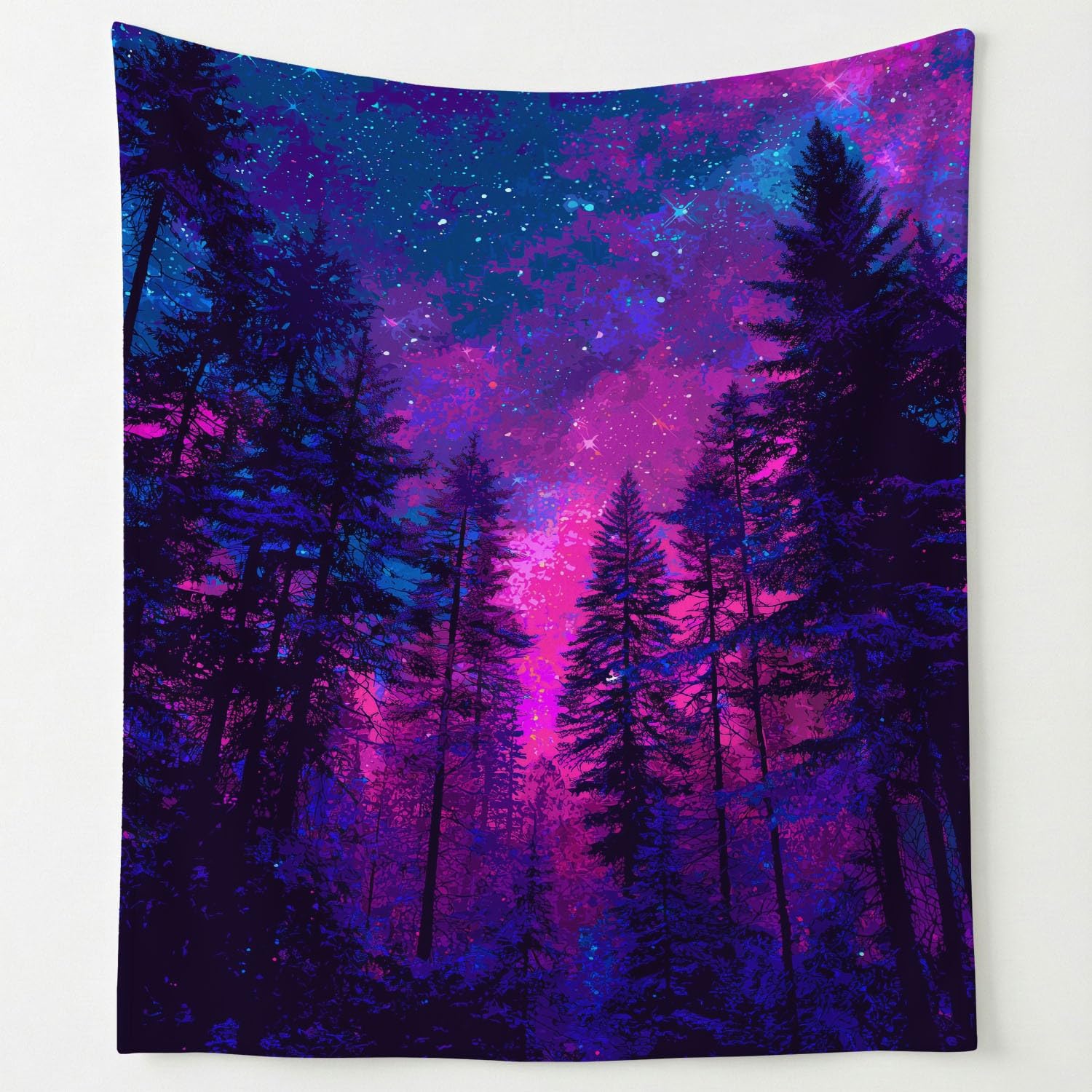 Generisch Koc polarowy, liliowy, czarny, fantazyjny, tajemniczy las, gwiaździste niebo, 150 x 200 cm, koc na kanapę, puszysty koc z mikrofibry, narzuta na łóżko, sofę
