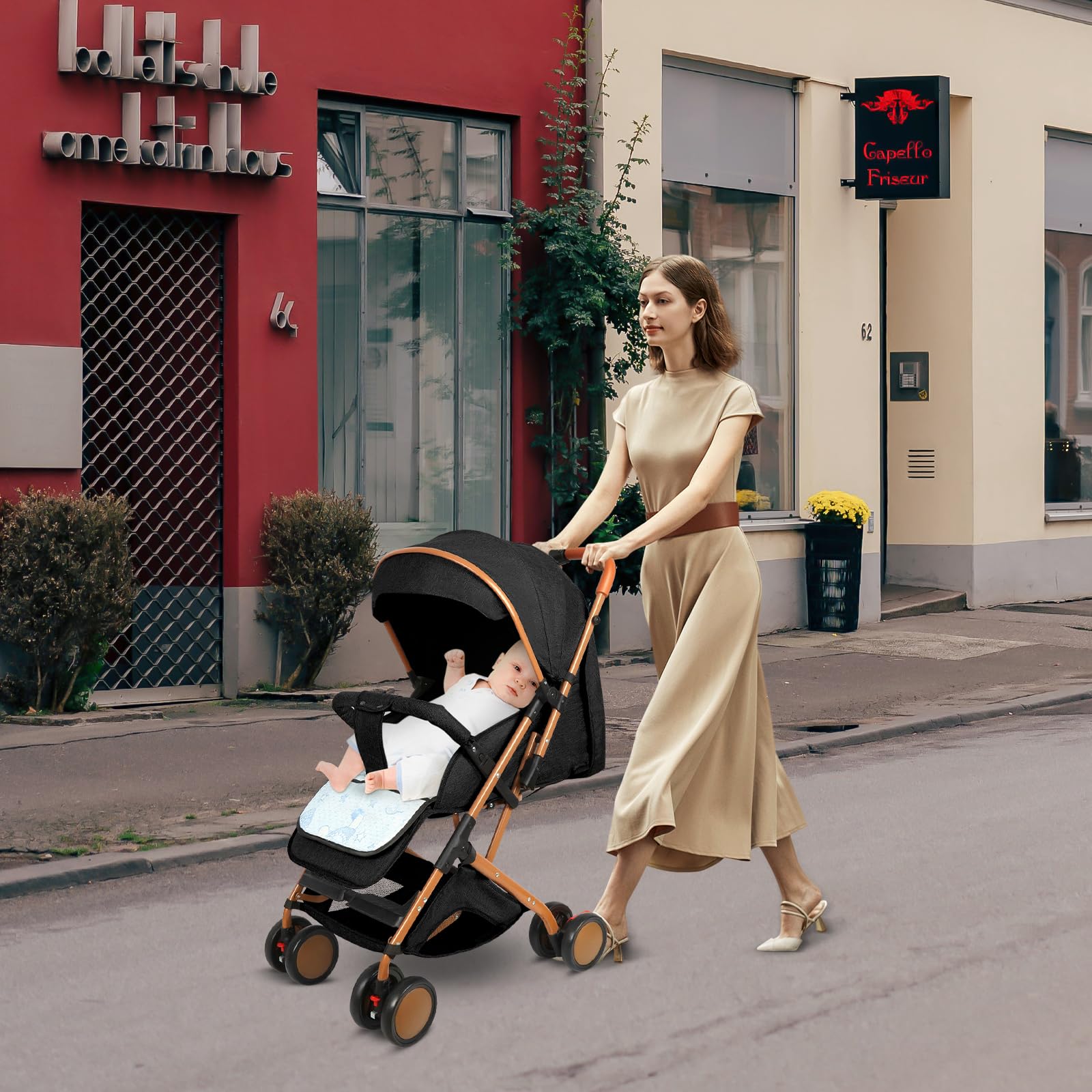 OHMG Poussette Canne,0-4 ans,0-22 kg,Poussette Légère et Compacte,Dossier inclinable,Harnais 5 points,Pliable Pousette Voyage avec Auvent et Moustiquaire,Roues Antidérapants (A-Noir)