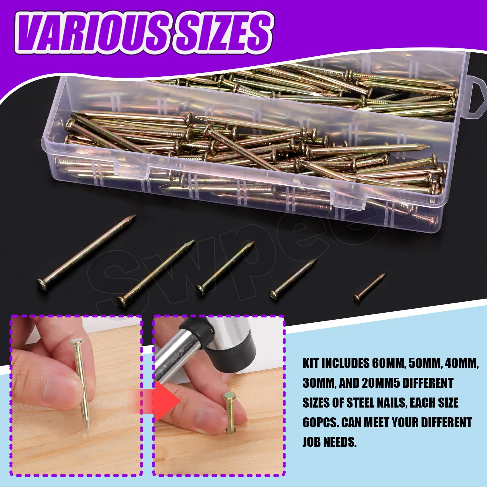 Lot De 300 Clous En Acier Galvanisés 5 Tailles - Pour Béton, Brique Et Bois
