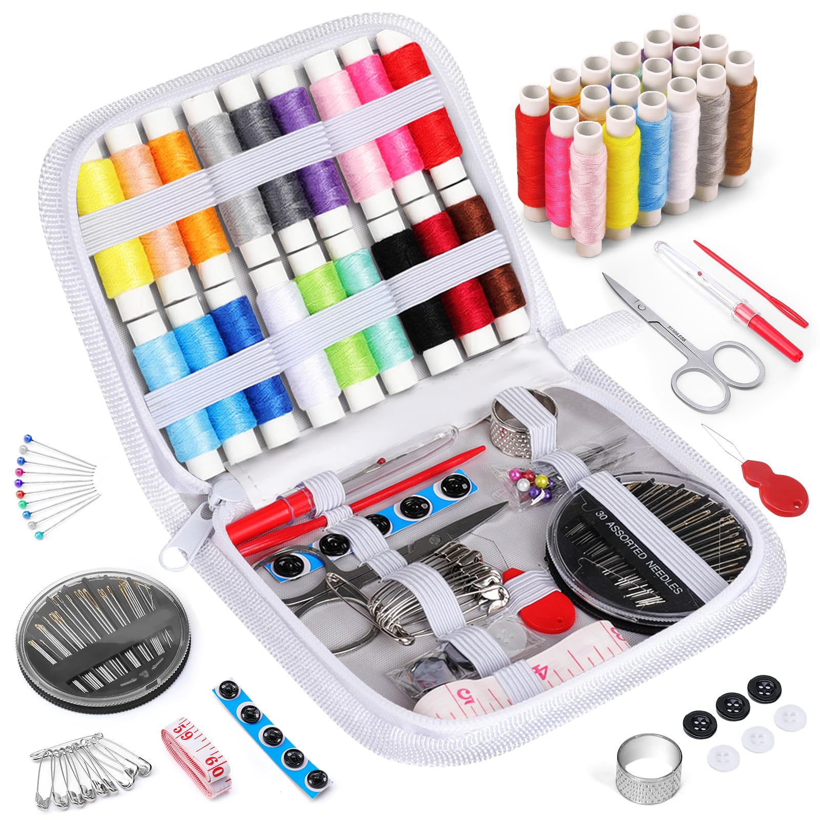 Coquimbo Sewing Kit for Adults, Kids, Beginner, Home, Traveler,Emergency, Portable Sewing Supplies Contains Soft Tape Measure, Scissors, Thimble, Thread, Sewing Needles etc (White, M)