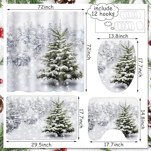 Miniatura 3 de Juego de 4 cortinas de ducha navideñas con alfombra antideslizante, cubierta para tapa de inodoro, tapete de baño, decoración de baño de Navidad con