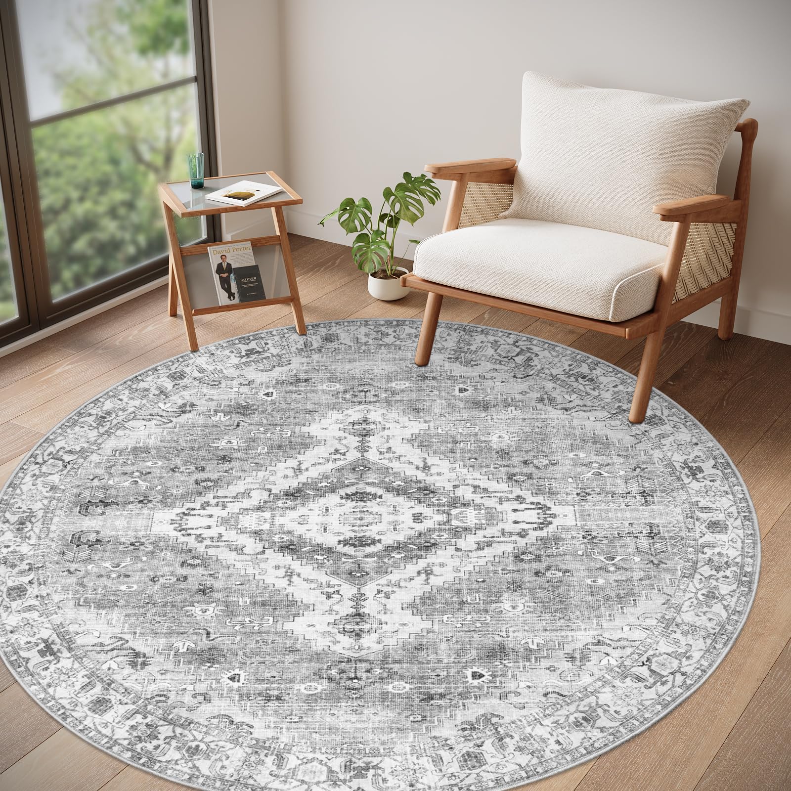 Homcomodar Alfombra Redonda 120cm Gris Lavables Alfombra Salon Dormitorio Pelo Corto Carpet Rugs for Living Room Alfombras de Comedor Habitacion