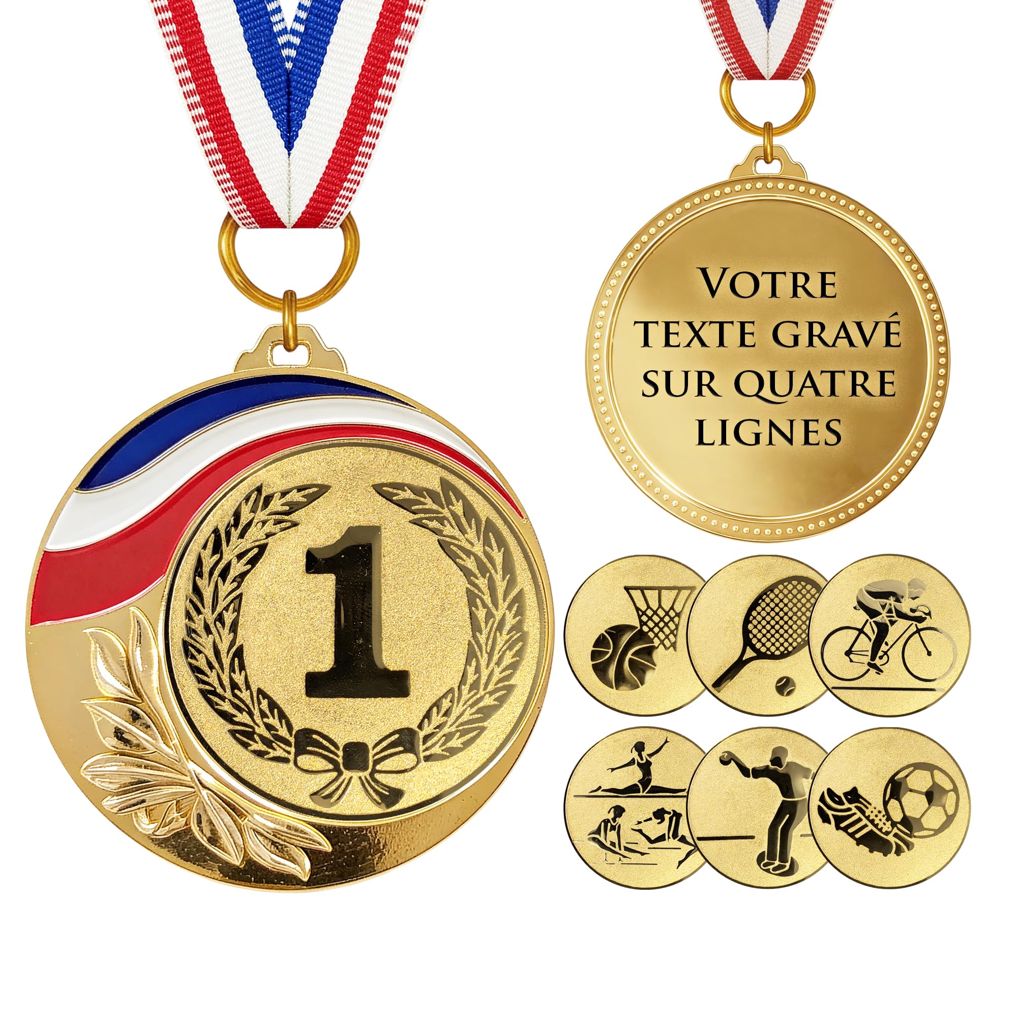 KDO MAGIC Médaille personnalisée - Médaille d'or gravée - Ruban France - 7 cm - Récompense pour Sport, Concours, évènements - Idée Cadeau - Enfant & Adulte - Foot, Basket, Tennis