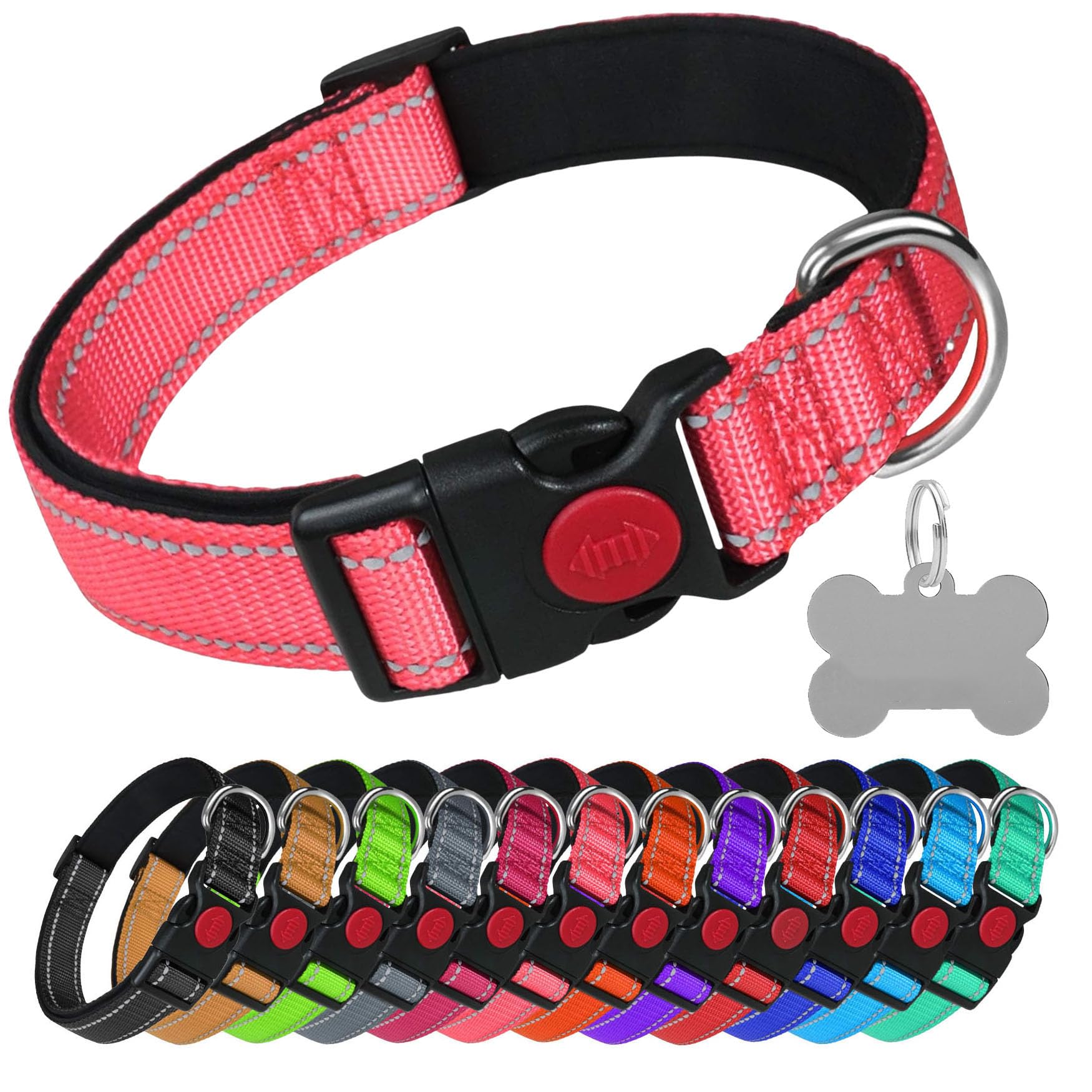 LARRYROO Reflective Dog Soft Padded Nylon Collar | Slide Lock Safety Buckle | Fully Adjustable With Personalised Engraved Silver Bone Shaped Tag (Light Pink, Small (25cm - 40cm Neck))
