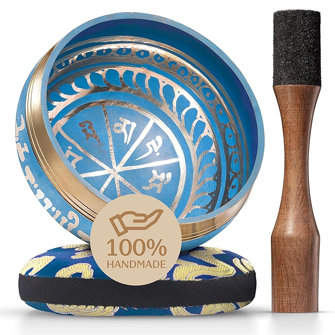 西藏唱钵套装 - 纯手工调音冥想碗，包含垫、槌和指南，完美适用于瑜伽、放松与音疗