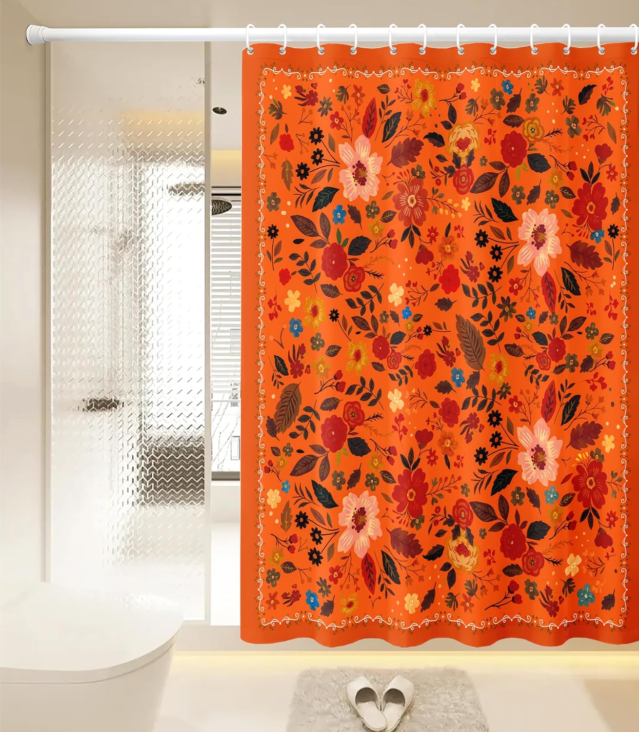 MAMUSE Shower Curtain for Bathroom - Cute Aesthetic Decorative Modern Girly Unique Girls Flower Floral Design Pretty Women Waterproof Fabric Cloth Cortinas de Baño Bathtub 72 x 84 Inch, Orange