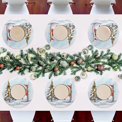 Miniatura 7 de Juego de 6 manteles individuales de árbol de muñeco de nieve de Navidad, manteles individuales redondos lavables para mesa de comedor, manteles