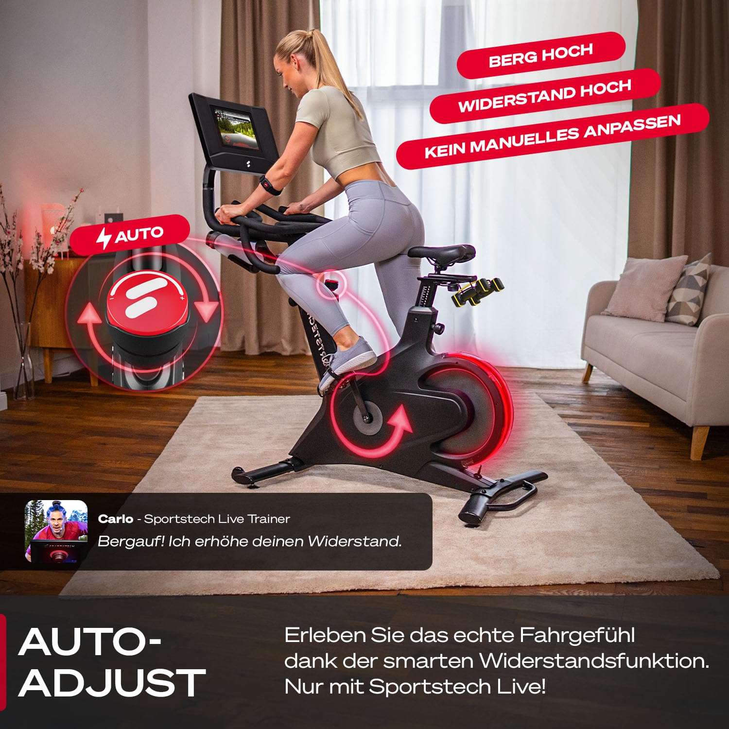 Sportstech Heimtrainer + 10.1" Touch Display - Deutsche Qualitätsmarke - APP mit Live Workouts & Kursen Fitnessbike mit patentierter LED Technologie, Ergometer, sBike