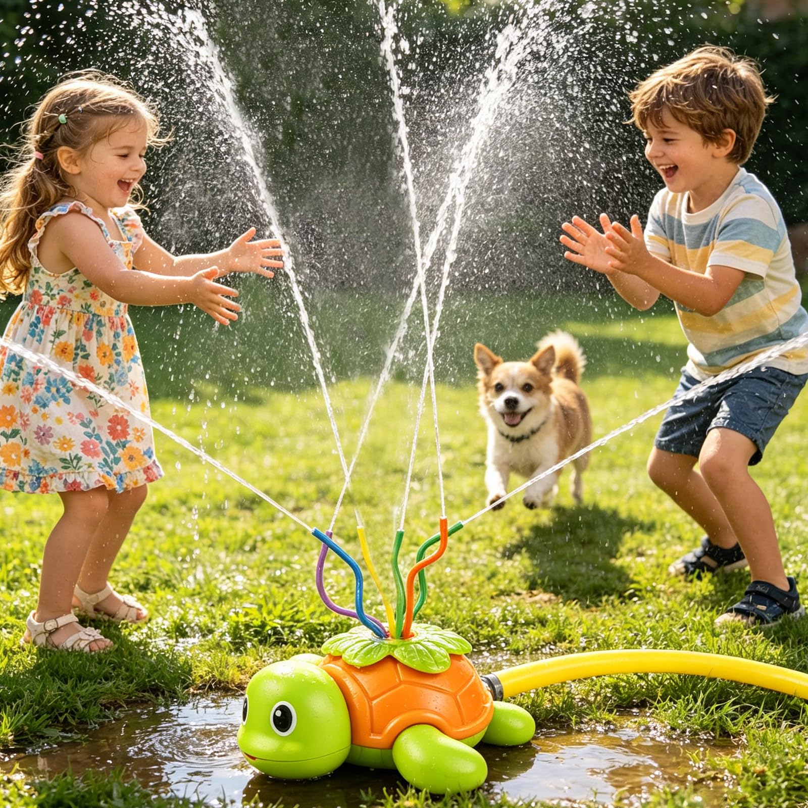Wassersprinkler für Kinder, Outdoor Gartenspielzeug, Rasen Sprinkler mit Schlauchanschluss&Bodenhalter, Sicher&Langlebig, Sommer Wasserspaß für Jungen/Mädchen