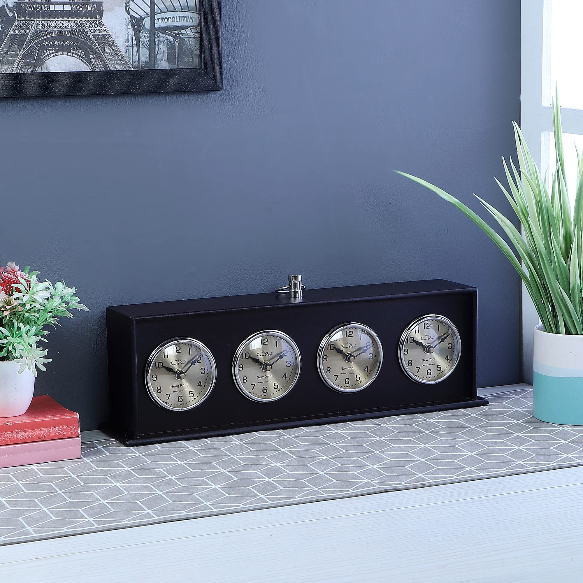 TrenDec 4-Time Zone World Clock | Black Wooden Analog Desk Clock for Home & Office.