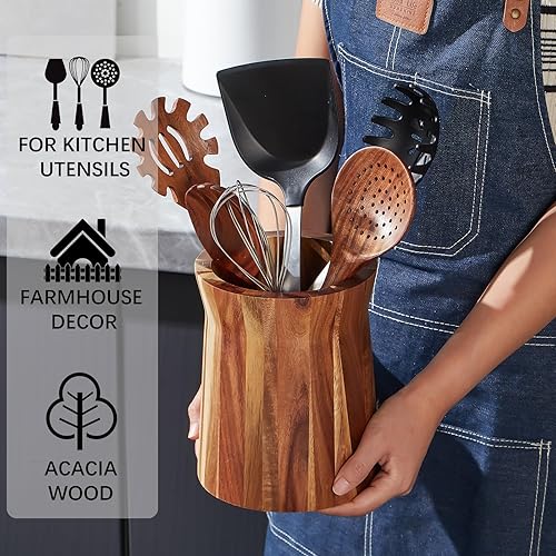 Miniatura 5 de Soporte de utensilios de madera para encimera, soporte giratorio de 360, 7.2 x 6 pulgadas, soporte grande de utensilios de cocina de acacia para