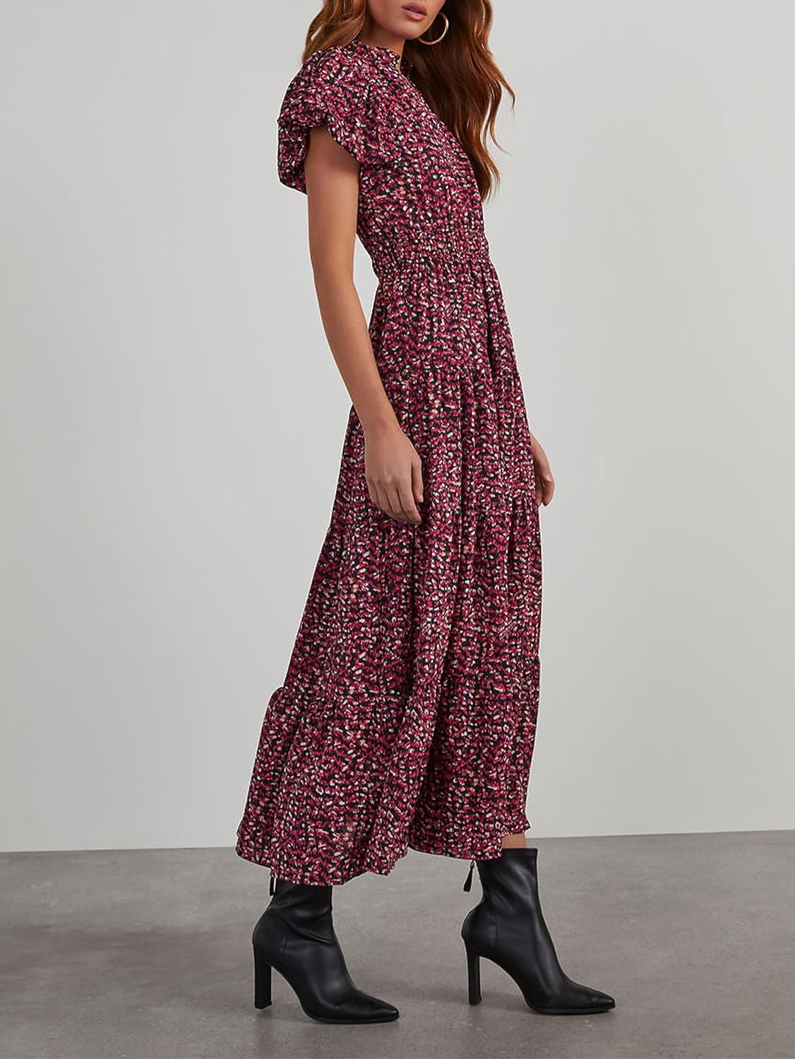 MASCOMODA Summer Maxi Dresses for Women 2026 Casual V Neck Puff Short Sleeve Smocked Flowy Beach Boho Long Floral Dress