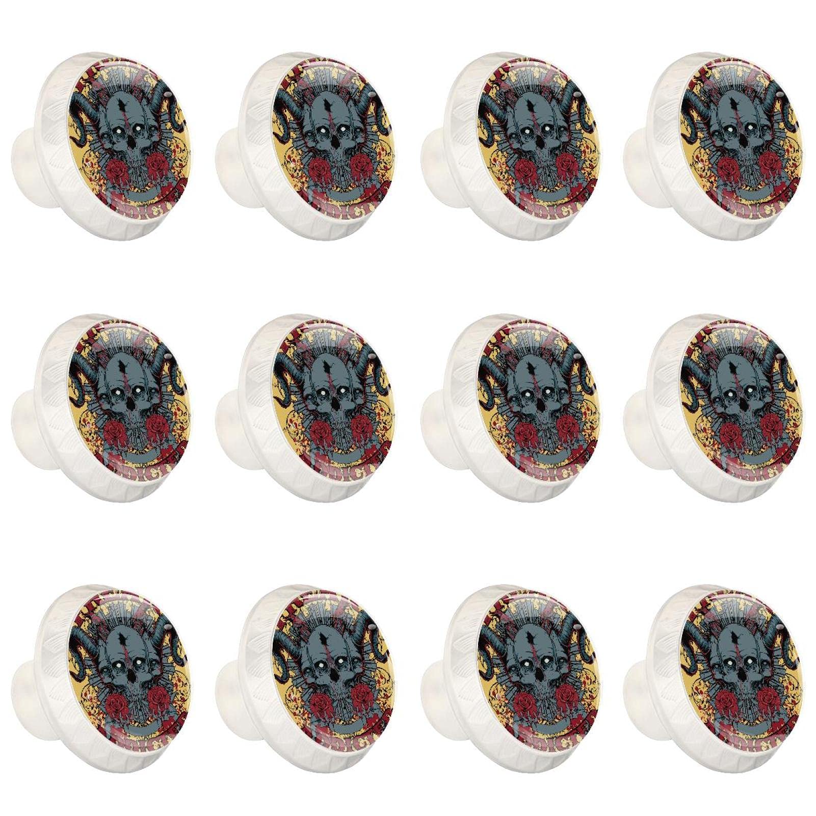 Boutons de placard motif rose avec tête de mort au style rétro pour meuble