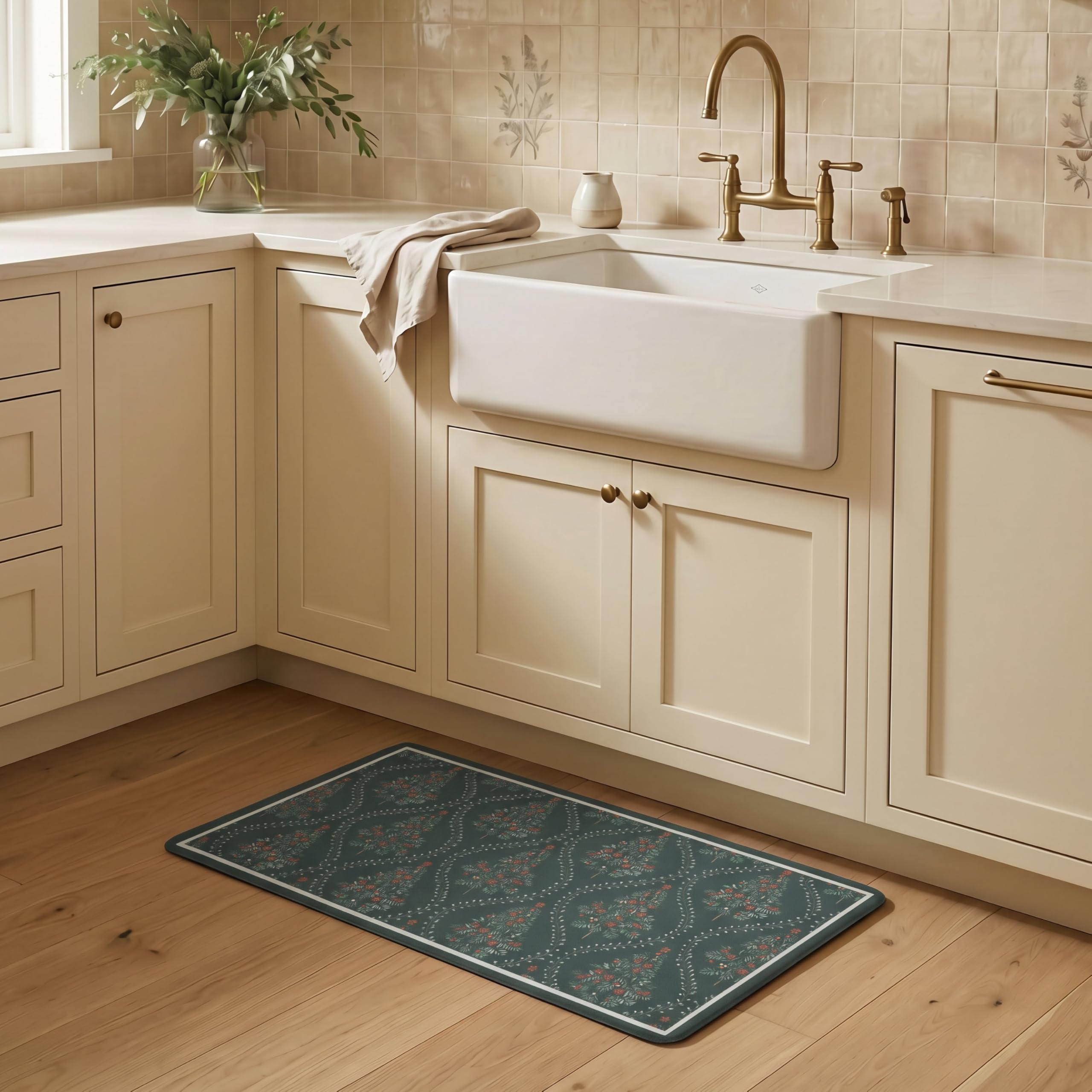 Laura Ashley Frestwick Glade Anti Fatigue Kitchen Mat, Non Slip Cushioned Comfort Floor Mat, 17.5"x32", Green