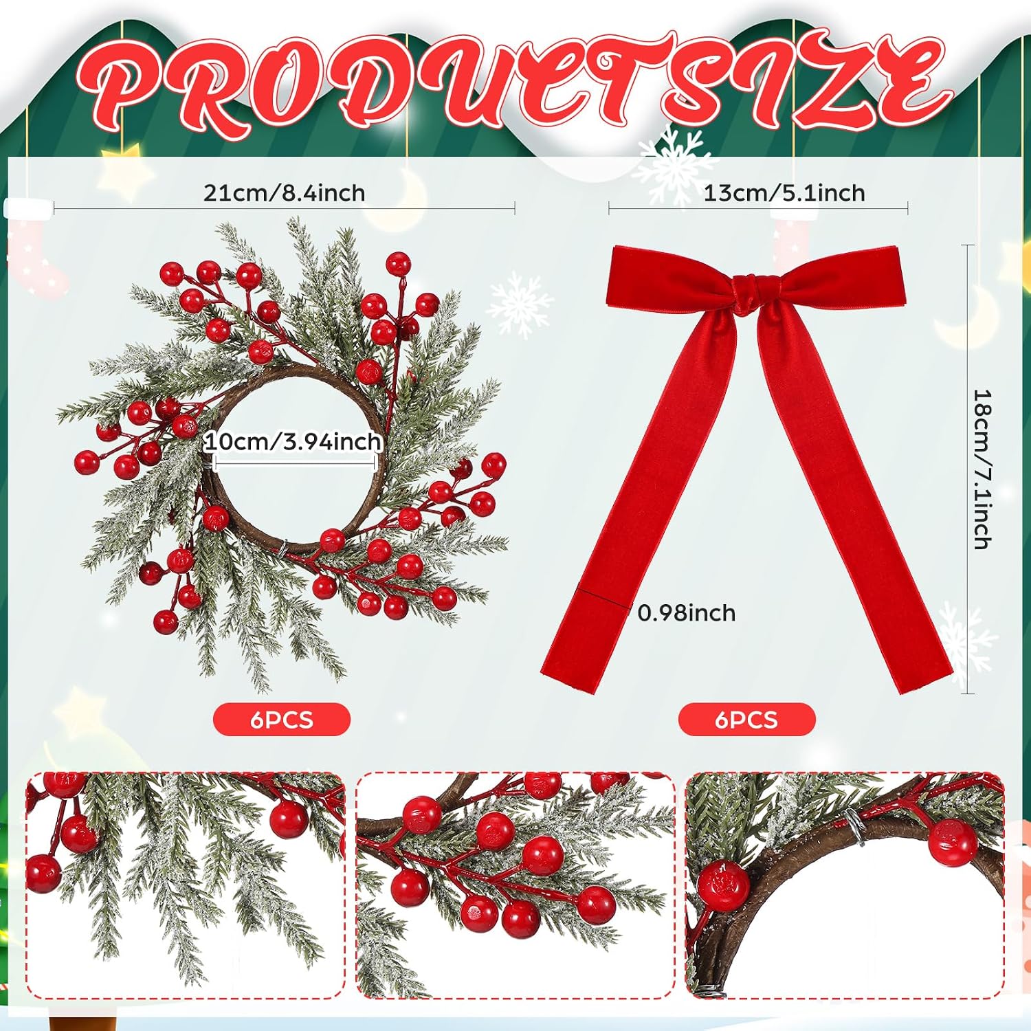 Suncalla 6 Set Christmas Chandelier Decoration Including 6 Christmas Chandelier Rings Wreaths with 6 Red Velvet Bows, Artificial Berry Snowy Pine Wreath Garland for Xmas Ornament Holiday Decor
