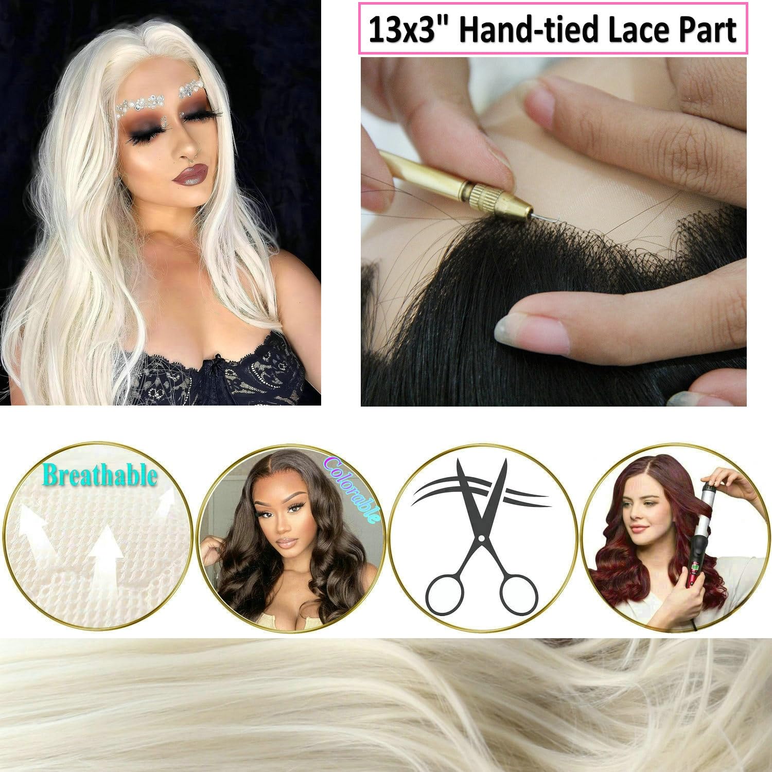 Long Hair Body Wave High Temperature Natural Hairline Free Part 60# White Blonde Color Synthetic Lace Front Wigs for Women Girls Replacement Wedding Party Wigs 24" - Image 4