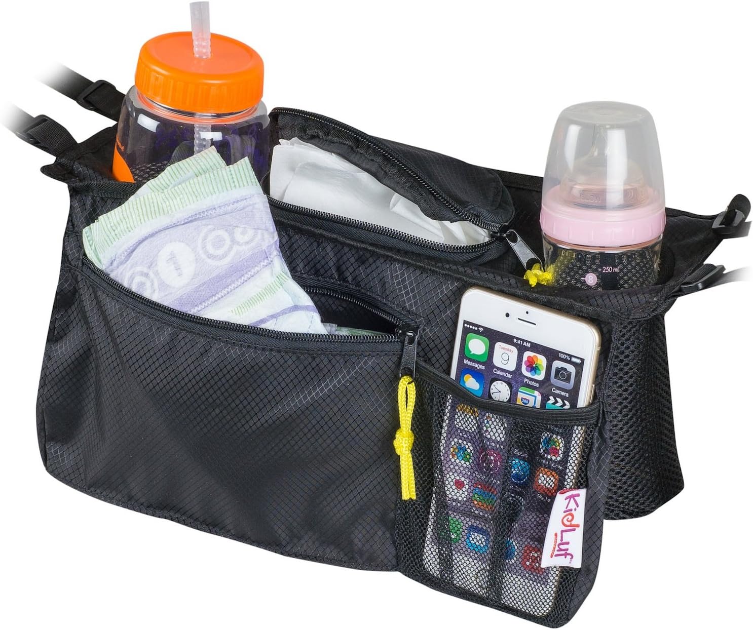 Universal Stroller Organizer Bag by KidLuf - 2 Cup Holders & Accessories Storage Bag for Strollers - with Mesh Pocket for Cell Phone (Black)