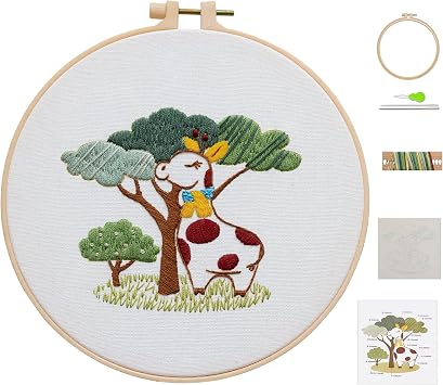 Ebherys Level 1 Embroidery Kits for Beginners and Adults, Different Animals Pattern, 1set as a Pack, inculde 1 Hoop, Instruction and Enough Threads, Easy and Basic Stitches Giraffe