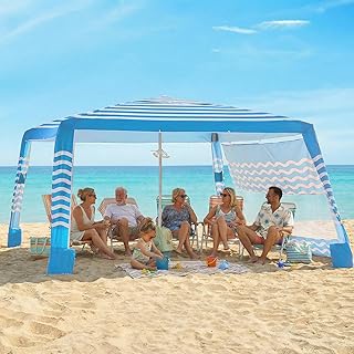 Zeraty Beach Cabana 8'×8', Portable Beach Canopy with Side Wall, UPF 50+ Silver-Coated Beach Tent Sun Shelter Easy Pop Up, Wind Resistant Adjustable Height Beach Umbrella Tent for Family, Light Blue