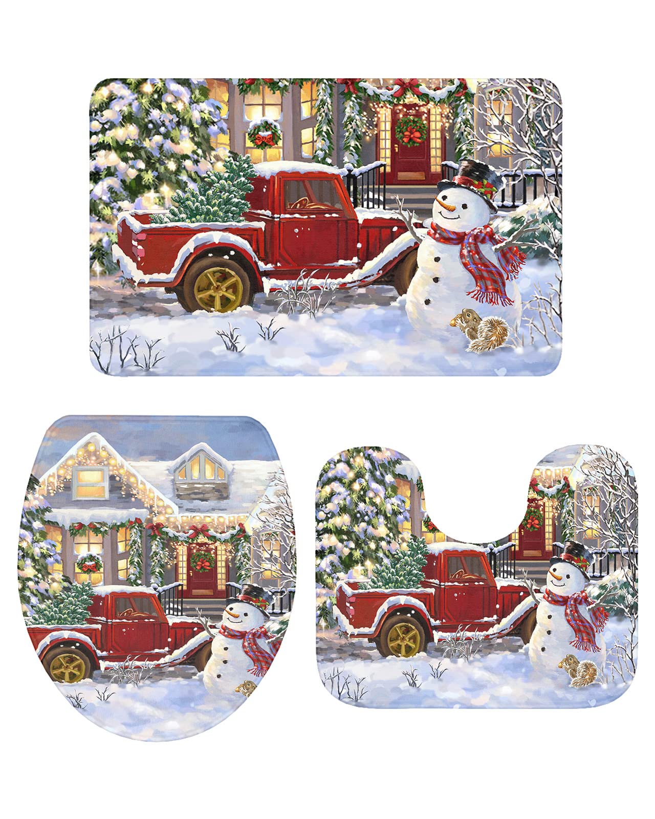 Libaoge Bathroom Mat Sets 3 Piece/Set Rugs Merry Christmas Happy Snowman and Red Truck Memory Foam Mat Set Matches Anti-Skid Absorbent Toilet Seat Cover Bath Mat Lid Cover 20
