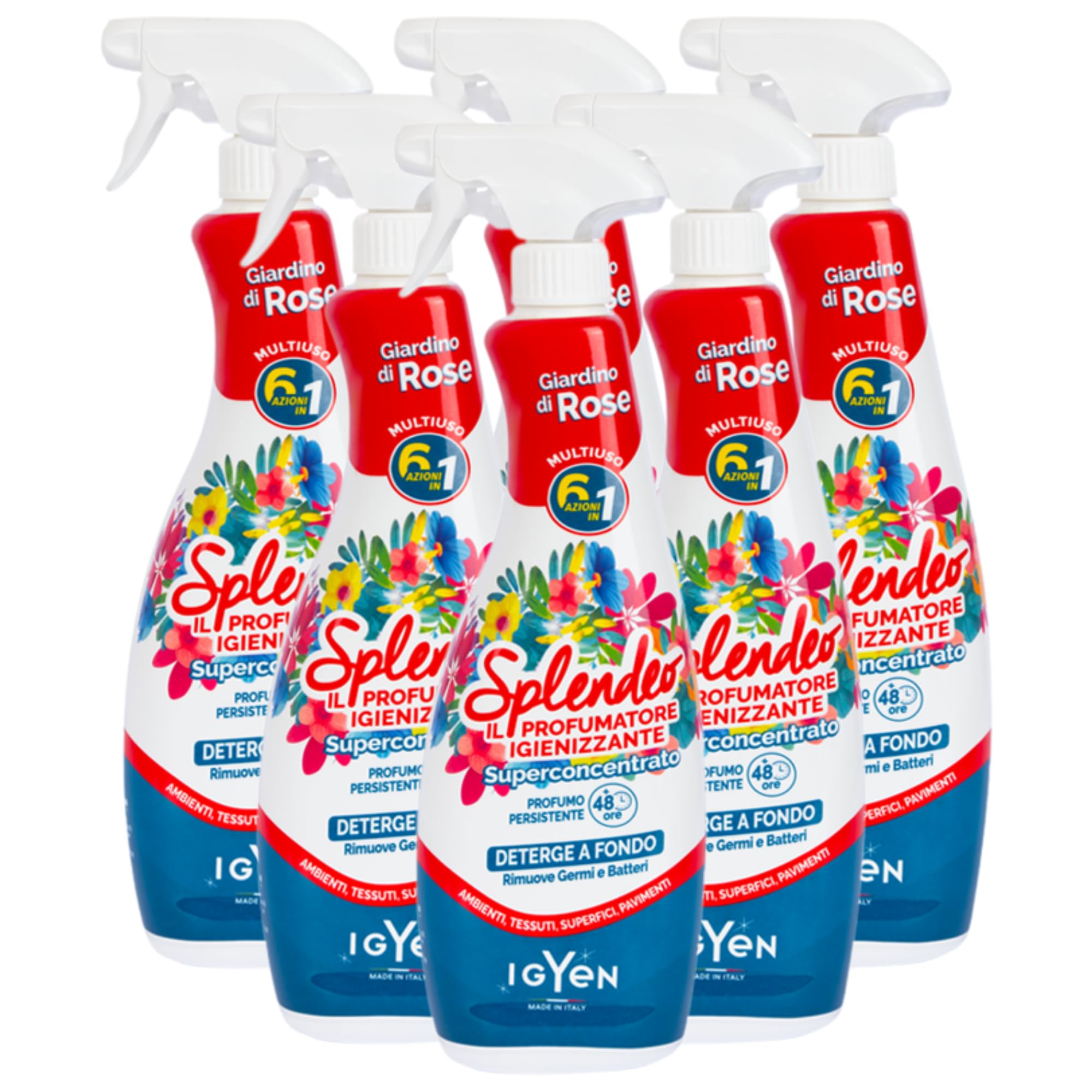Detergente Multiuso Spray, Il Profumatore Igienizzante Superconcentrato, GIARDINO DI ROSE. Deterge a Fondo, Rimuove Germi e Batteri, 48h Di Pulito Profumato 750ml (6 Spray)