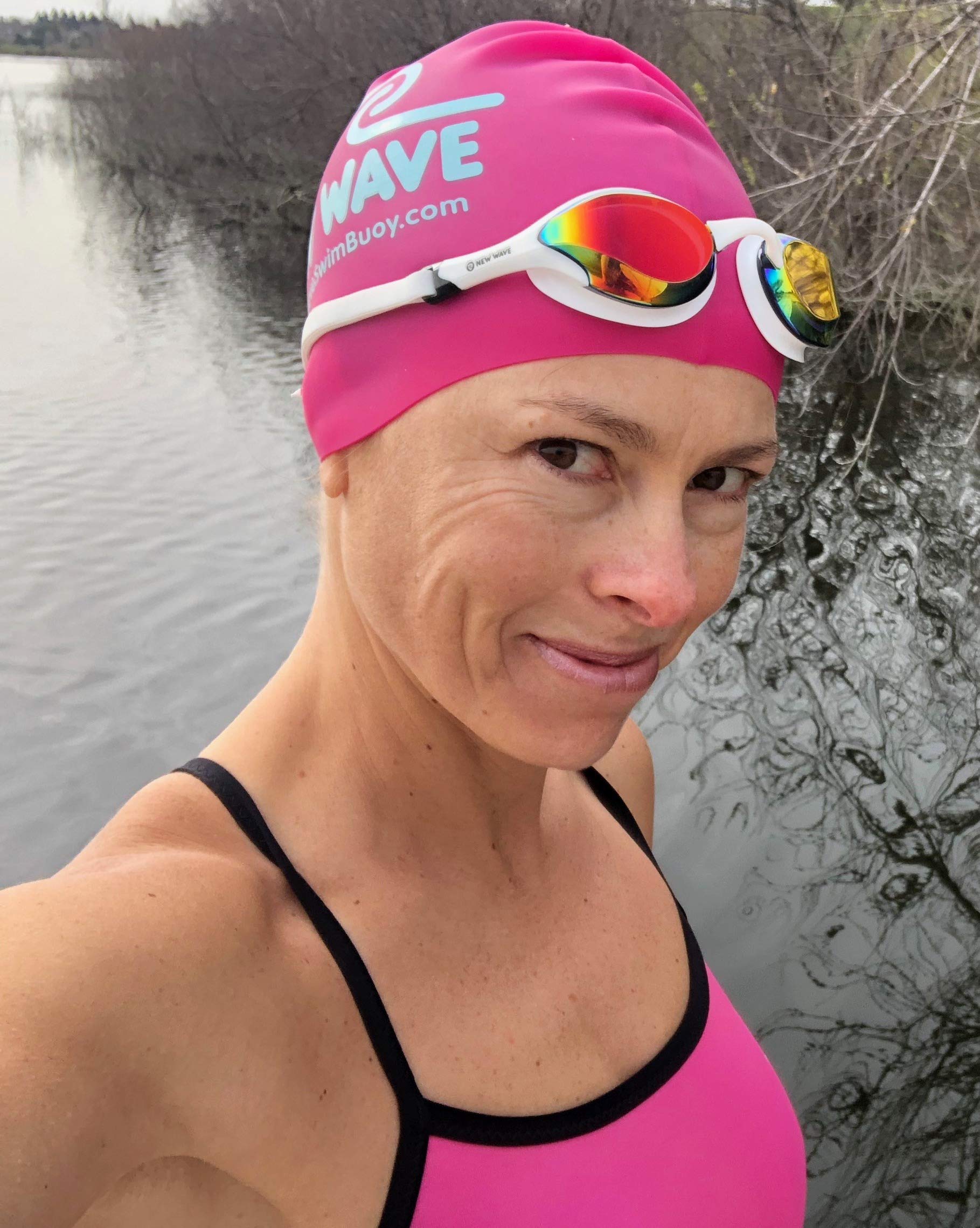 New Wave Swim Goggles with Protective Storage Case - Anti Fog Lenses, Four Nose Bridges for Triathlon & Open Water Swimming (Molten Pearl = Revo Lens in White Frame)